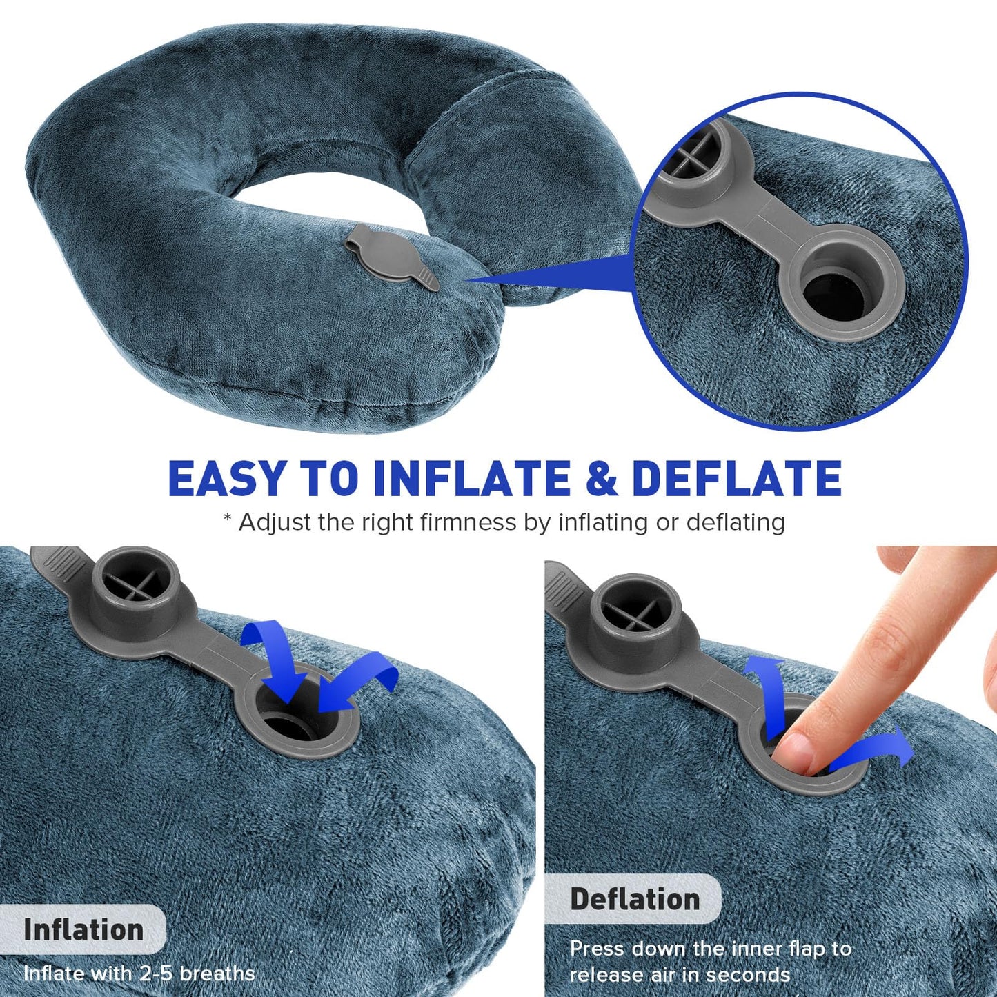 Rewondah Neck Pillows for Travel, Inflatable Travel Pillow, Inflatable Neck Pillow for Traveling Airplane with Soft Velour Washable Cover, U Shape Blow Up Neck Pillow for Airplanes Train Car Travel