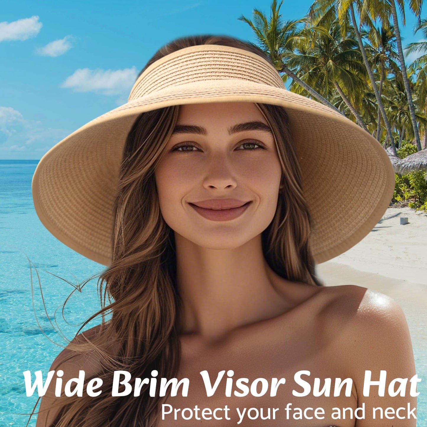 NPQQUAN Sun Visor Hats for Women Wide Brim Ponytail Straw Beach Hat Packable Foldable UPF 50+ Floppy Travel Hats Khaki