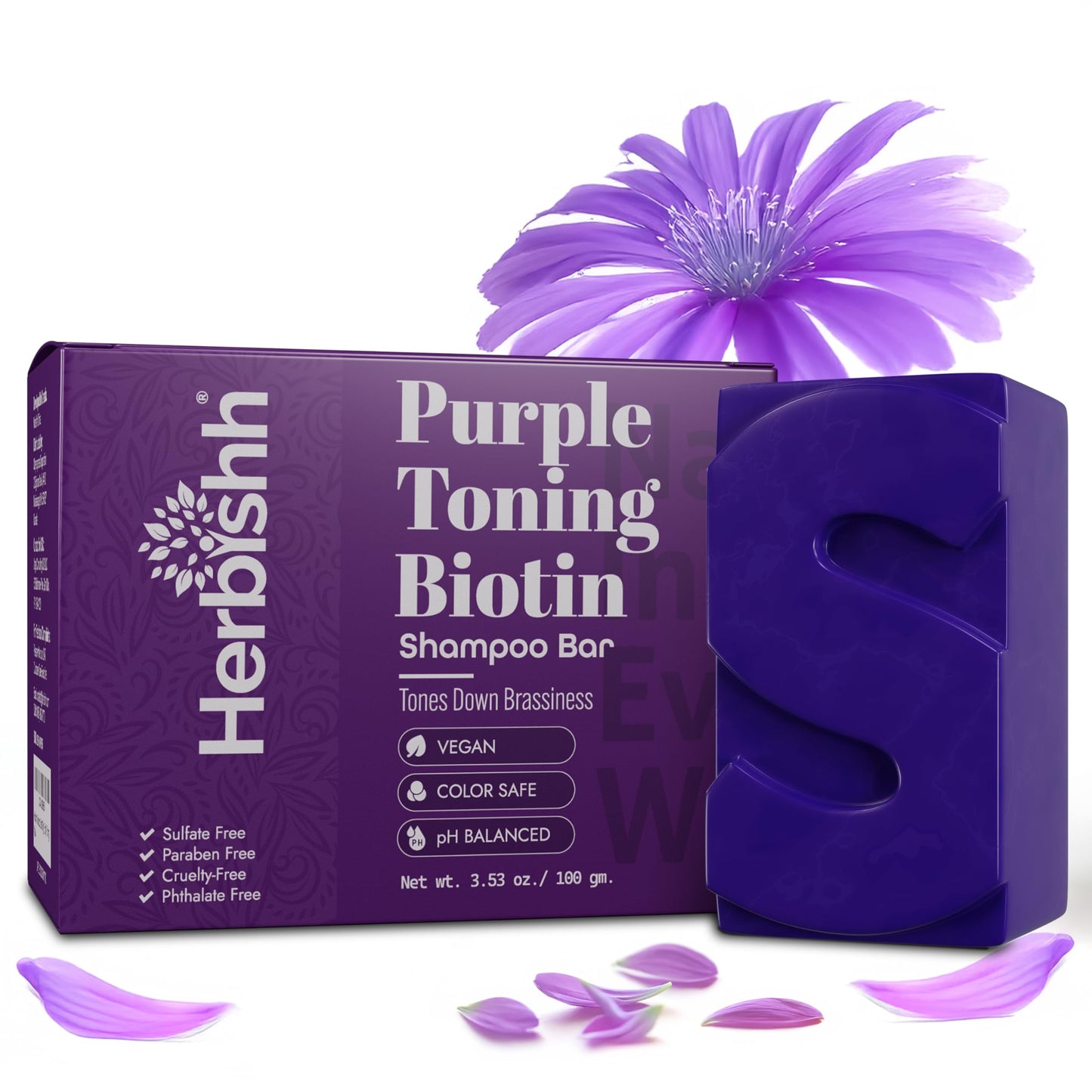 Herbishh Purple Shampoo Bar for Blonde Hair with Biotin – Solid Bar to Neutralize Brassy Tones, Strengthen & Add Shine, For Grey Coverage, Color-treated & Highlighted Hair Vegan & Sulfate-Free 3.53 oz