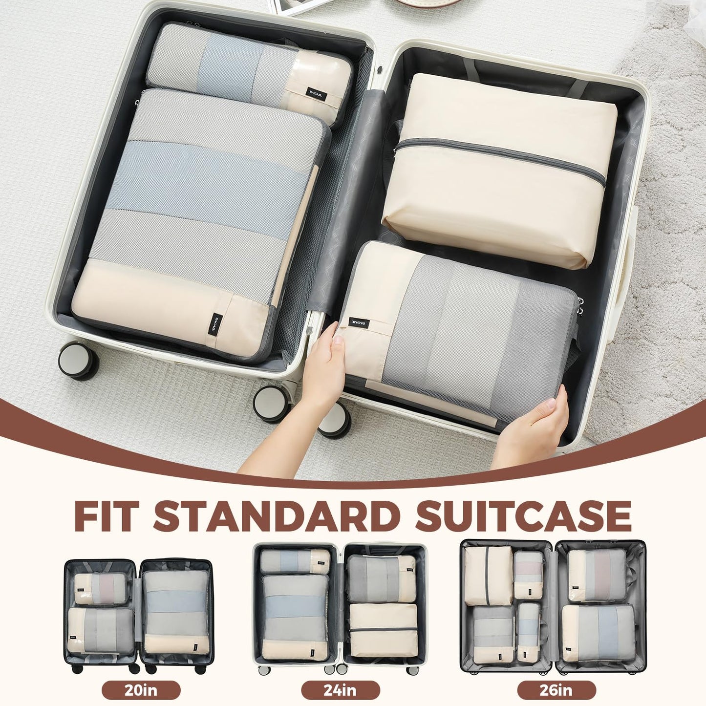 BAGAIL 6 Set/4 Set Lightweight Compression Packing Cubes for Travel, Anti-Tearing Expandable Organizer Bags for Suitcase(6 Set, Beige)