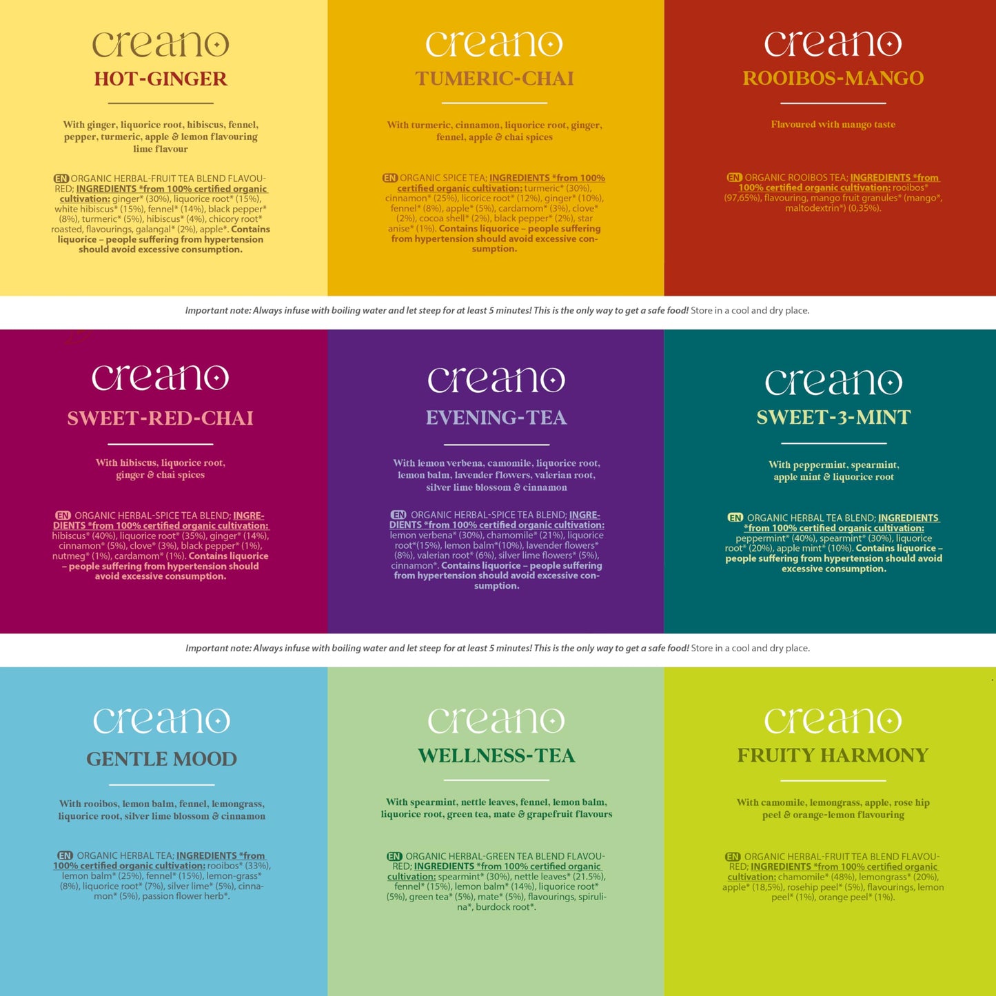 Creano Organic Herbal Tea Sampler Gift Set - Tea Gift Box - 27 Organic Tea Bags in 9 Different Varieties 54 g