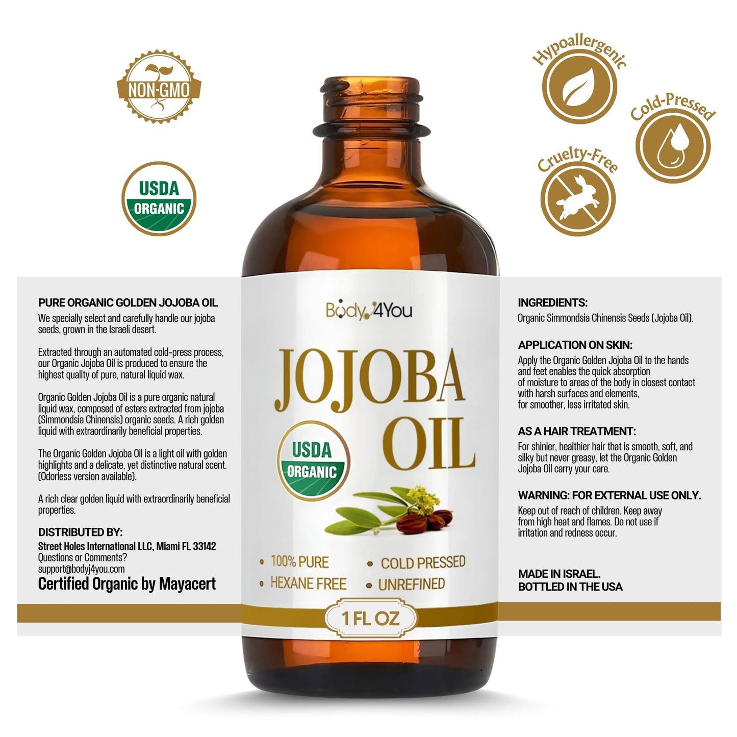 BodyJ4You Organic Jojoba Oil for Skin - USDA Organic 100% Pure Natural - Face Skin Gua Sha Facial Dermaplaning Hair Scalp Massage - Unrefined Cold Pressed Hexane Free - Base Carrier Wax - 1 Fl Oz