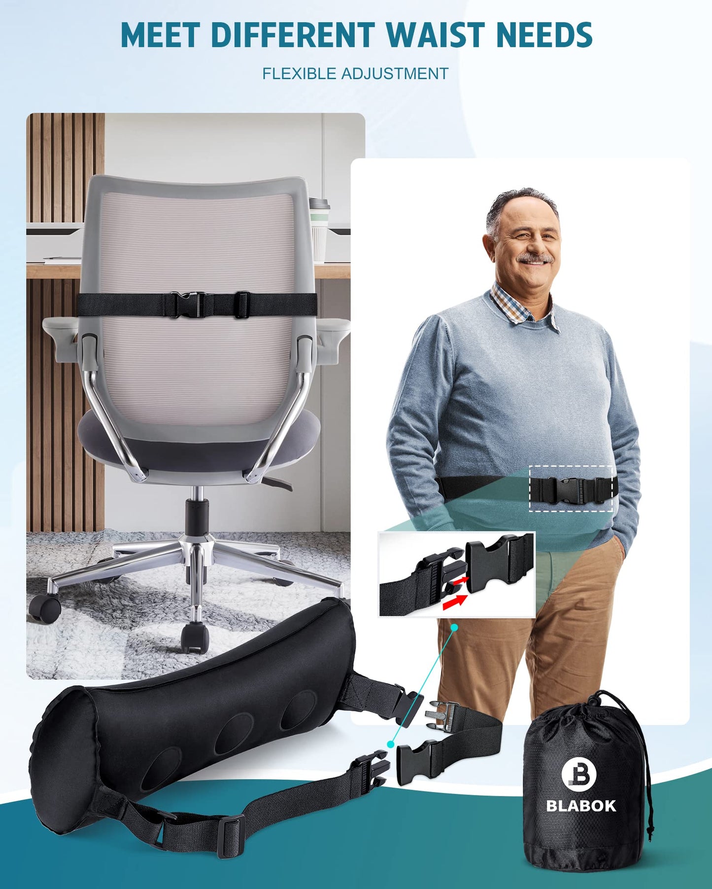 Inflatable Lumbar Pillow for Airplane Travel Lumbar Support Pillow for Car, Office Chair Back Support Office Chair Back Support for Reducing Lower Back Pain (Black)