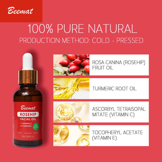 Beemat Rosehip Vitamin C Face Oil w/Turmeric 100% Natural Skin Care Facial Oil Cold Pressed Rosehip Oil for face For Brightening Hydrating & Rejuvenating 1oz/30ml