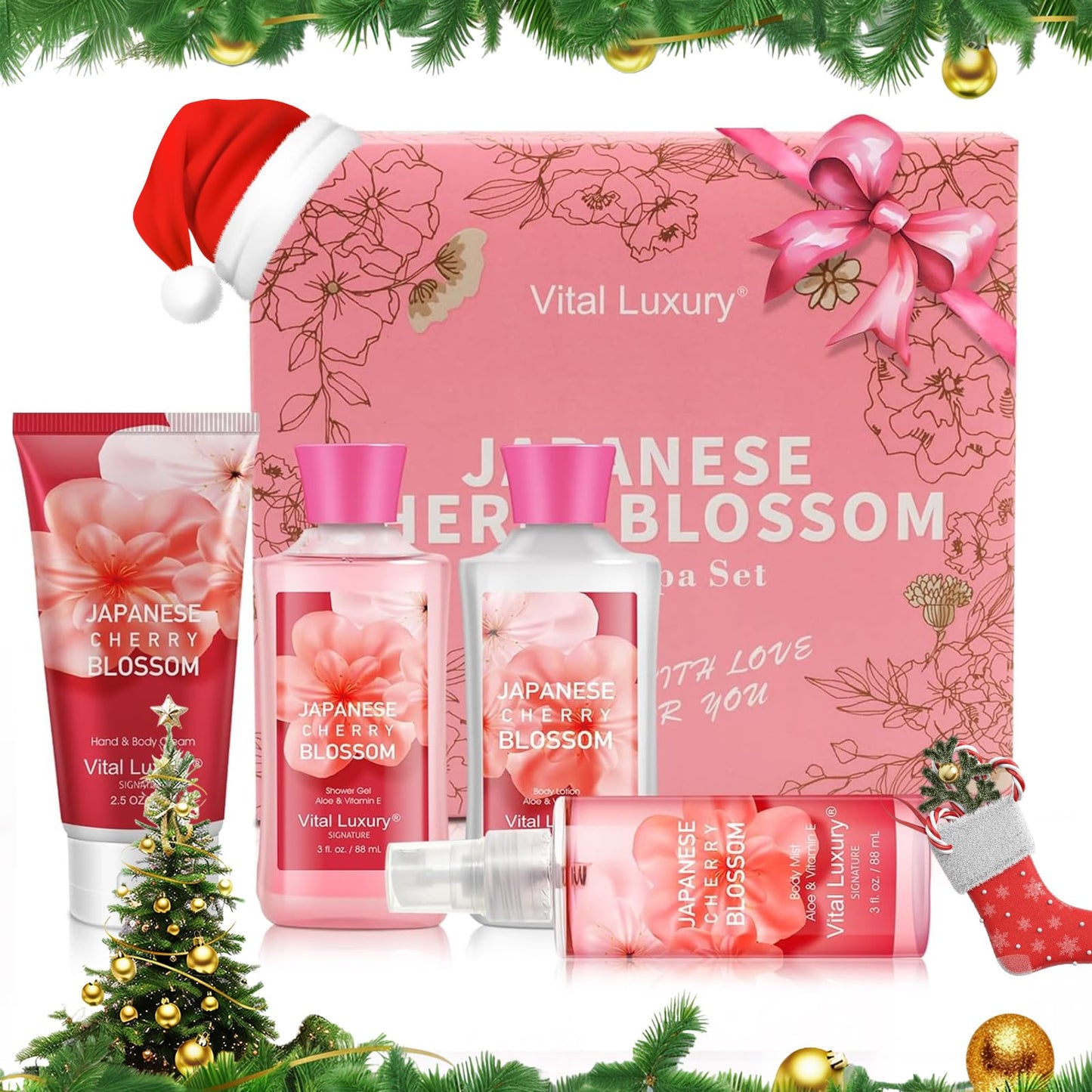 Bath and Body Care Gift Set for Women and Girls, Personal Self-Body Care Travel Set, Japanese Cherry Blossom Spa Home Set with Natural Extracts, 4 Pack - Shower Gel, Body Lotion, Body Mist, Hand Cream