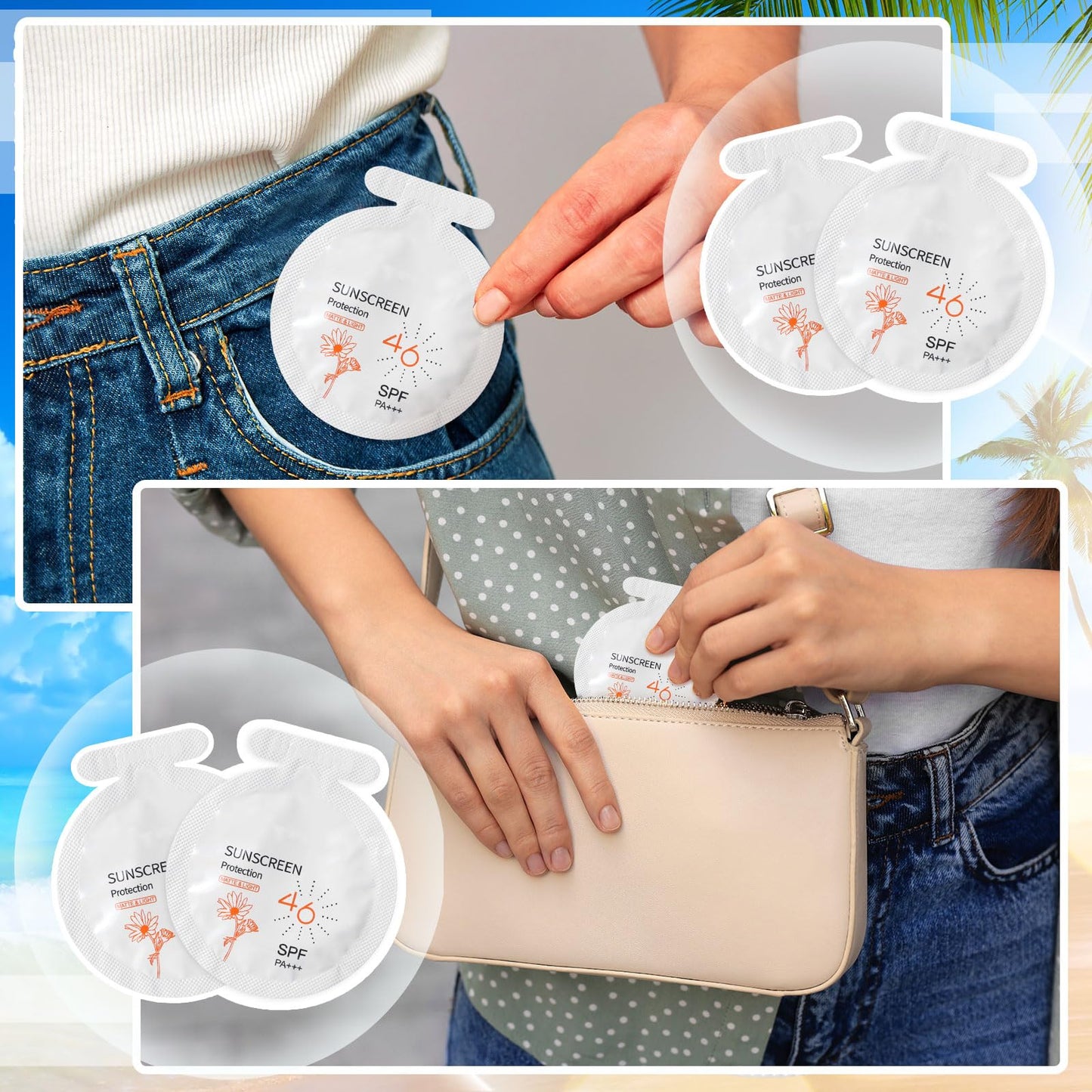 Heigble 50 Pcs Sunscreen Bulk Mini Travel Size Sunscreen Packets SPF 46+ Summer Party Gifts for Women Girl