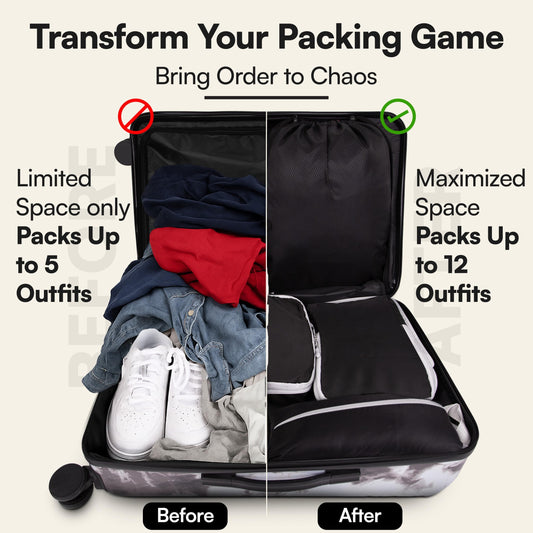 AMHARBOR Set of 6 Compression Packing Cubes for Travel - Space-Saving Luggage Organizers - Vacation Travel Essentials - Lightweight Accessories for Suitcase