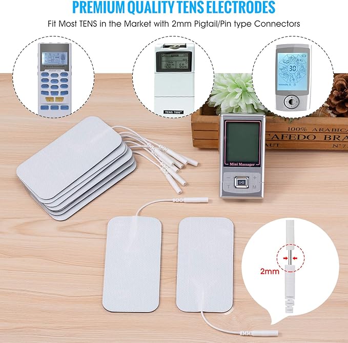 10 Pieces Large Electrode Pads - Premium Reusable TENS Unit Pads with Standard 2mm PIN Connector - 2x4 Inches Self-Adhesive for Pain Relief and Muscle Stimulation