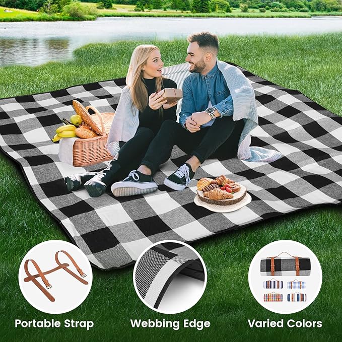 sapsisel 80”x 80” Picnic Blanket Extra Large, Waterproof and Foldable Beach Blanket, 3-Layer Outdoor Blanket for 6 to 8 Adults, for Camping, Park, Beach, Grass, Indoors…