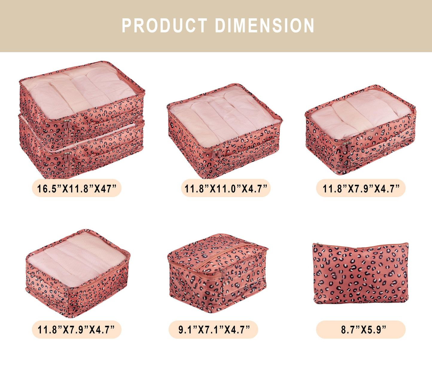 Vercord 7 Set Travel Packing Organizers Cubes Luggage Suitcase Organizer Bags Clothes Underwear Cube Shoe Pouch Pack Pink Leopard
