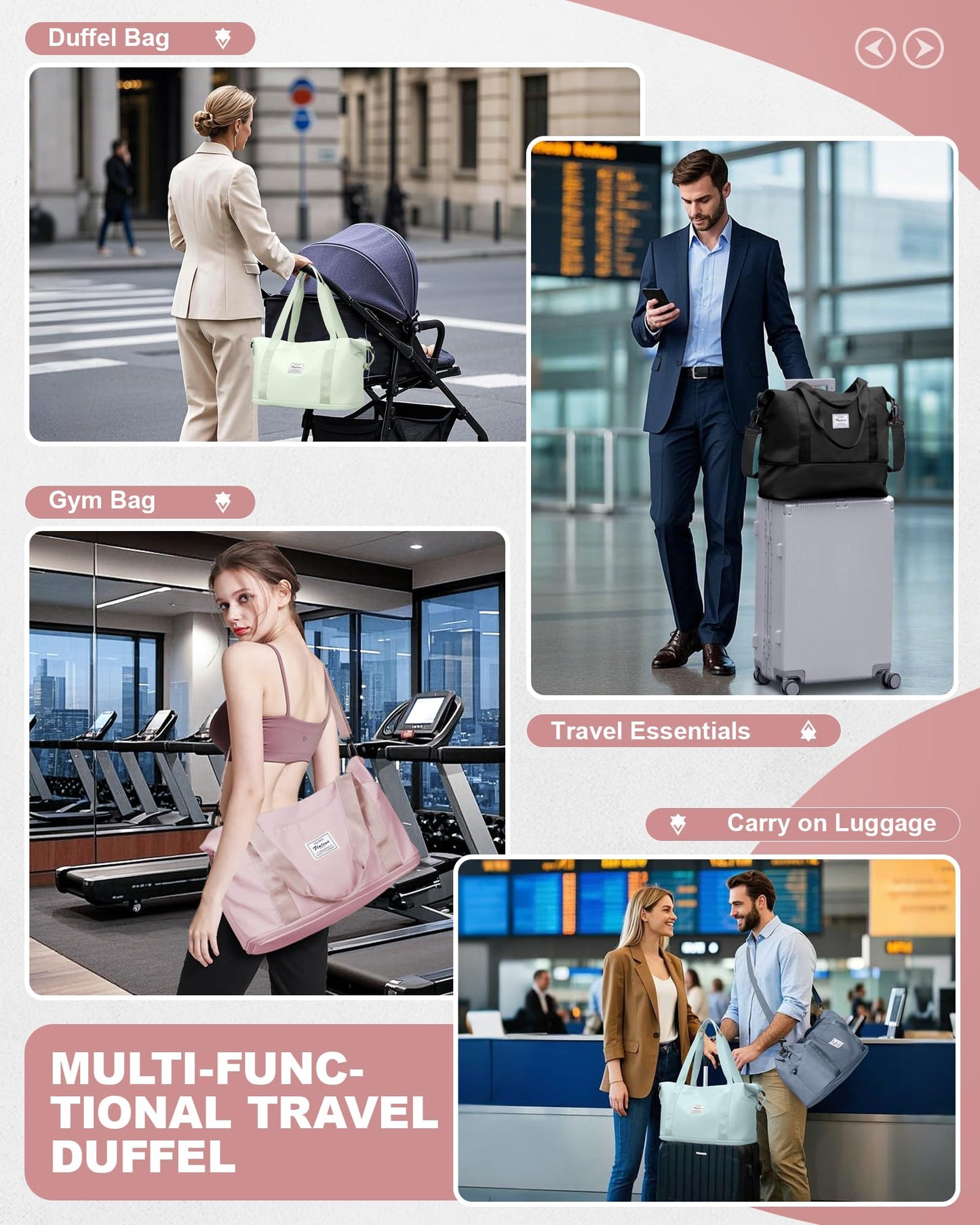 Foldie Large Travel Tote Bag, Waterproof Expandable Personal Item Duffel Gym Bag,Weekender Carry On Overnight Bags for Women Airplanes with Trolley Sleeve Wet Pocket,travel duffel bags,Pink