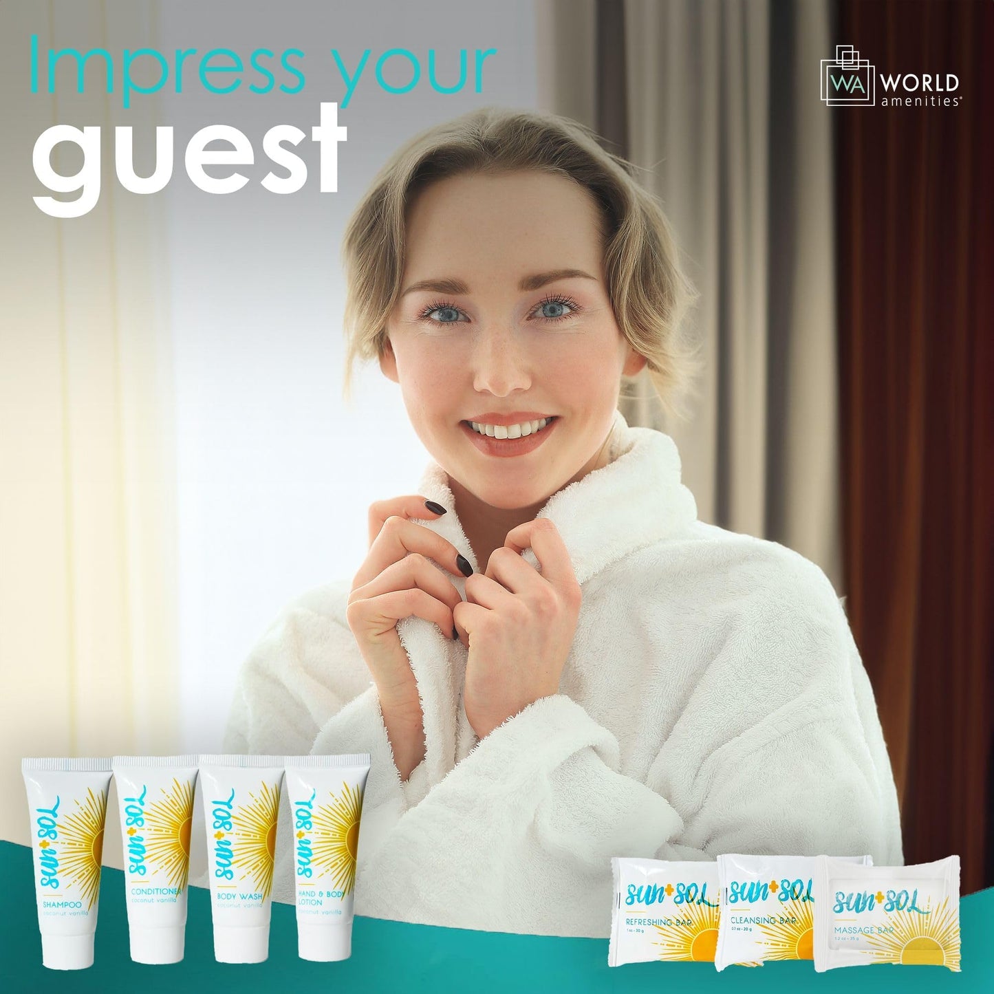 World Amenities - Sun + Sol Mini Size Hotel Toiletries Bathroom Kit | Warm Coconut & Vanilla | Shampoo, Conditioner, Body Wash, Lotion, Cleansing Bar, Refreshing Soap Bar and Moisturizing Massage Bar