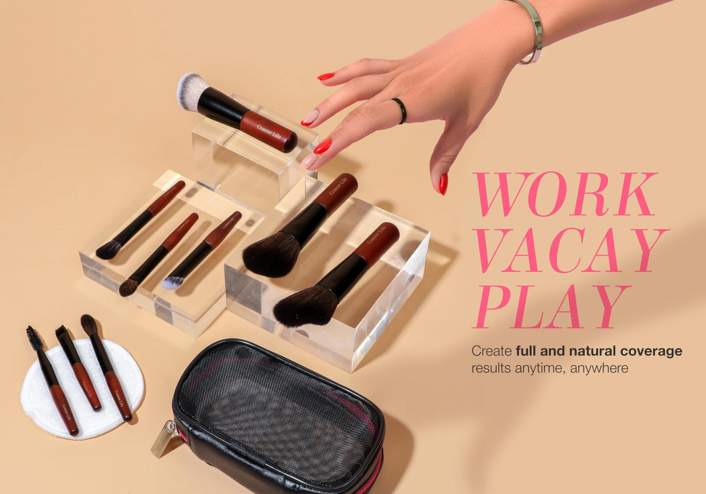 Cosme 9 FLAWLESS FACE MINI TRAVEL Makeup Brush Set: Foundation, Eyeshadow, Blush, Contour, Powder Mini Makeup Brush Set & Case. Synthetic & Natural Hair Makeup Brushes with Compact Short Handles