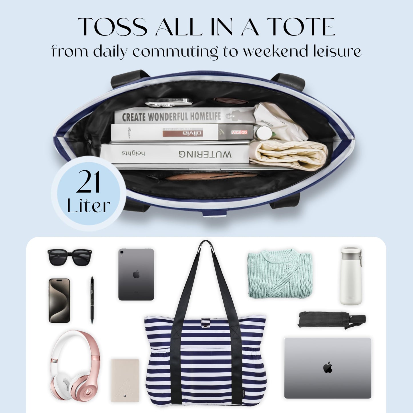 Buringer HOMESPON Large Foldable Beach Tote Bag for Women with Zipper Waterproof Handbag for Travel Shopping Gym Vacation (Blue Stripe)