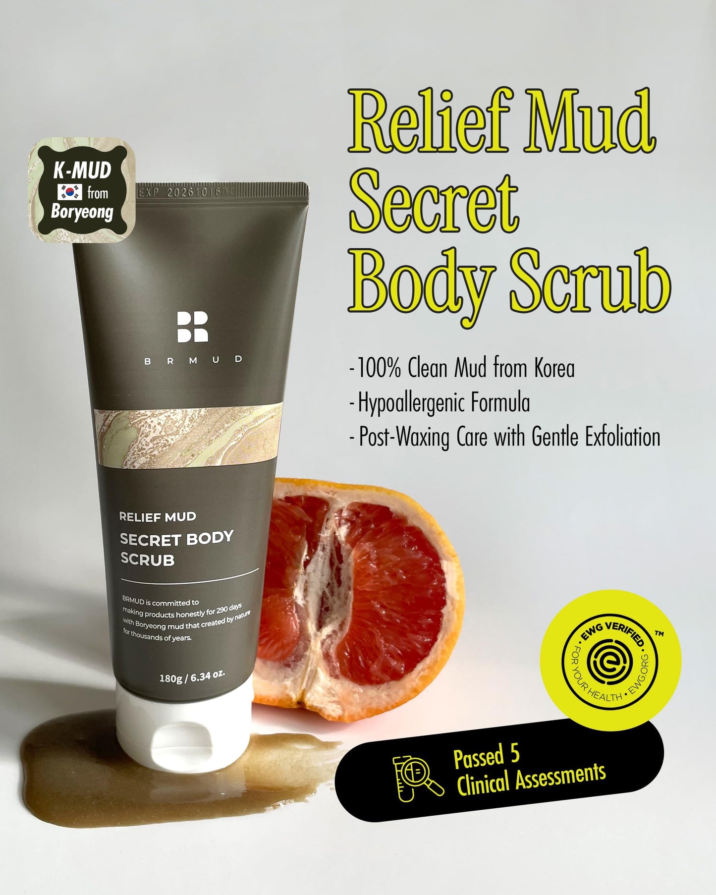 BRMUD Relief Mud Secret Body Scrub | ATEEZ Pick | Korean Body Wash Scrub Exfoliator for Ingrown Hair & Razor Bumps | After Waxing Care Feminine Wash w/Brown Sugar | for Sensitive Skin (6.34 fl oz)