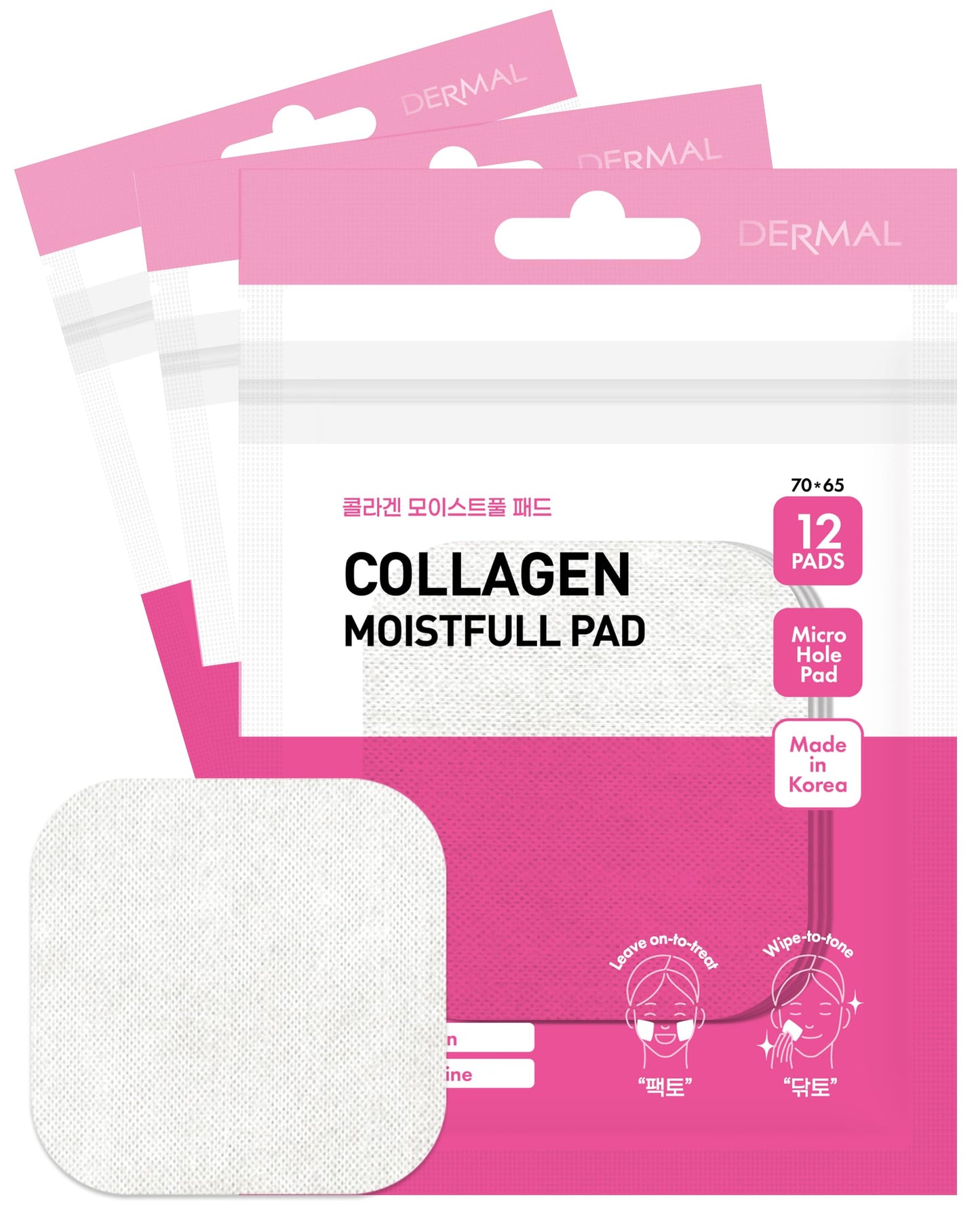 DERMAL Collagen Moistfull Toner Pad - Korean Toner Pad for Elasticity & Wrinkle Improvement with Peptides - Travel Kit 12 Pads, 3 Pack (Total 36 Pads)