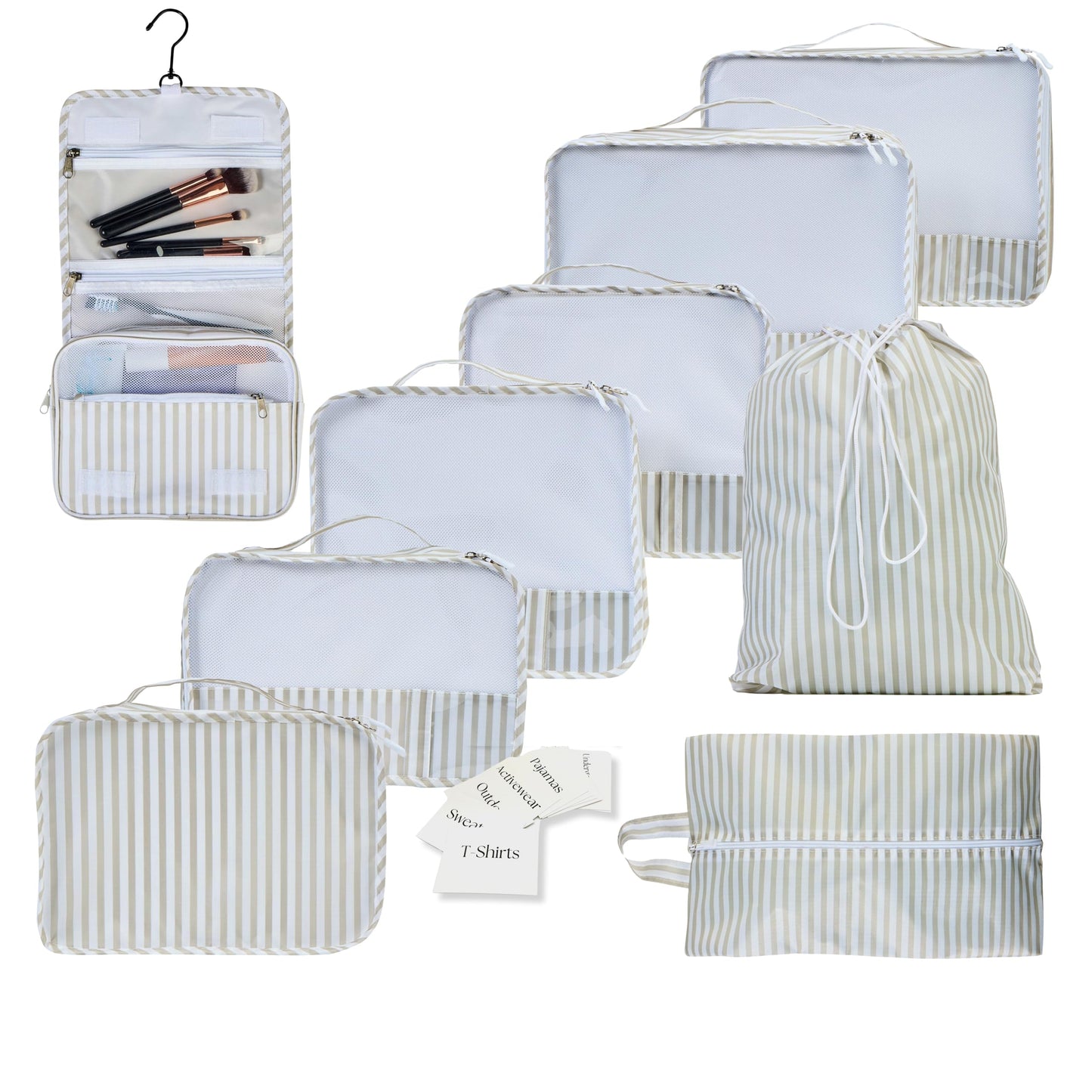 Foxy Traveler 9 Set Packing Cubes - Suitcase Organizer, Cute Packing Cubes, Travel Bags Organizer for Luggage with Hanging Toiletry and Shoe Bag, Travel Essentials for Women, Men and Kids -Stripe