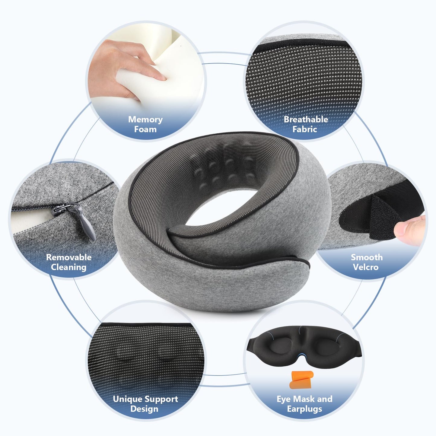 Purroch Advanced Memory Foam Neck Travel Pillow, Neck Pillow Airplane with Eye Mask & Ear Plugs, Designed for The Comfort of Travel & Office, Travel Pillow for Plane, Car, Home, Work, Dark Grey