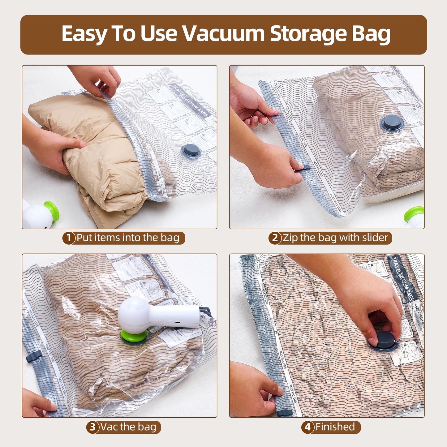 VACKFOX 6 Pack Travel Vacuum Storage Bags with Pump, Vacuum Seal Bags for Clothing, Compression Bags for Travel(2L+2M+2S), Space Saver Kit for Clothes with LED Light