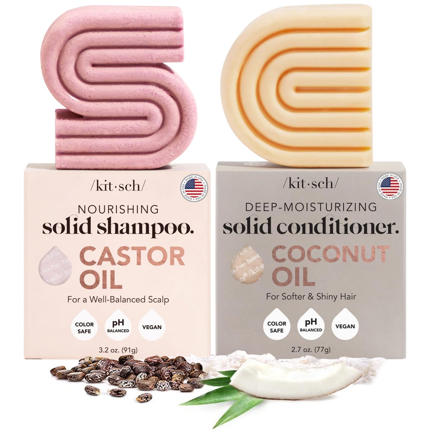 Kitsch Castor Oil Shampoo Bar & Coconut Oil Conditioner Bar – Nourishing Shampoo and Conditioner Set for Dry, Damaged Hair – Strengthening Hair Care, Hydrating & Deep-Moisturizing - 2pc set