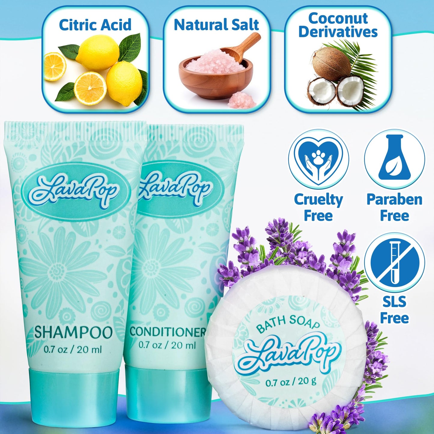 LavaPop - Hotel Soap, Shampoo & Conditioner 3-Piece Set - Iris, Violet & Amber, 0.7 oz each, 150 Pcs - Calming & Comforting Travel Size Amenities - Bulk Toiletries for Airbnb, Motels & Guest Rooms