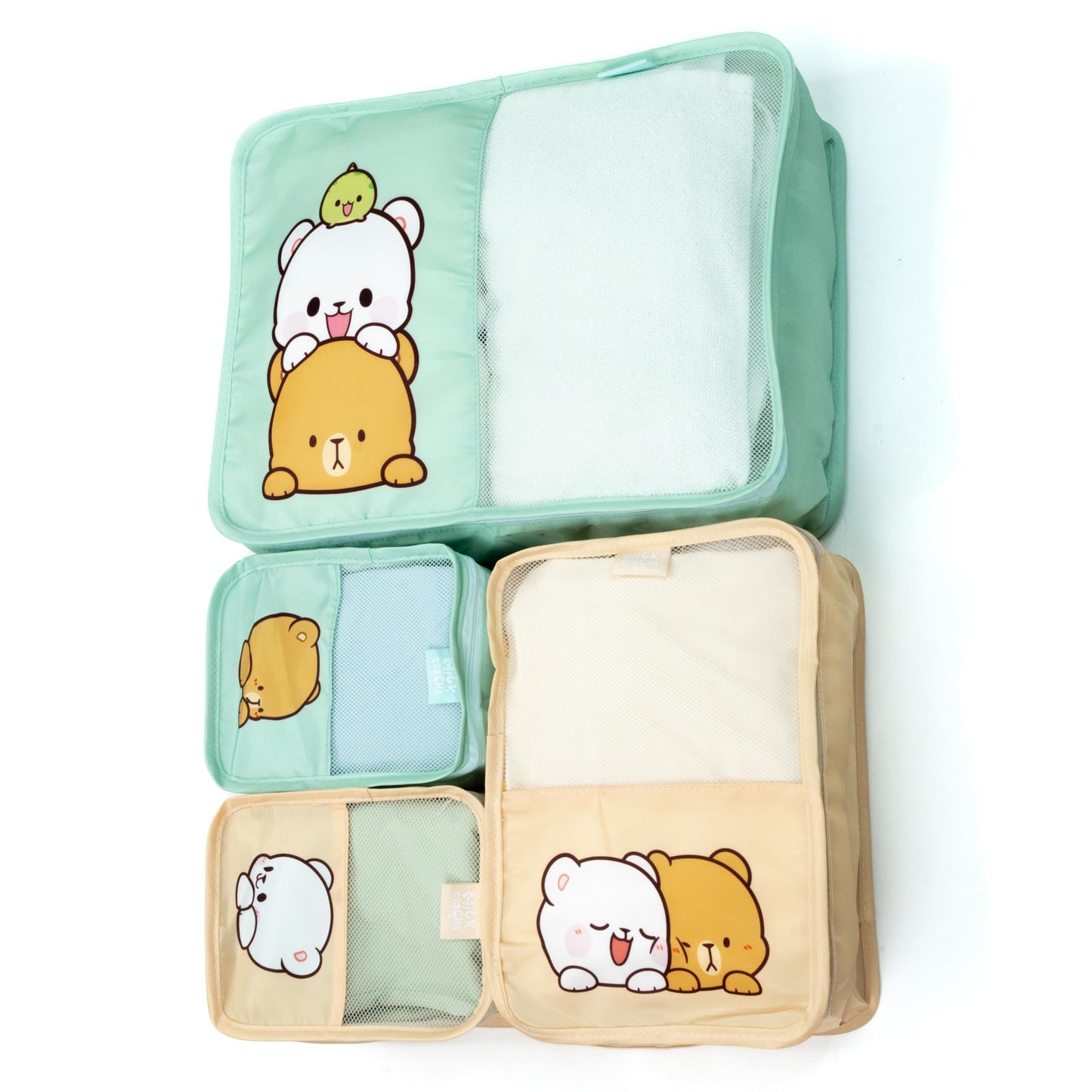 Milk and Mocha Travel Packing Cubes Set Authorized Milkmochabear Merchandise Pack of 4 Cute Adorable Multiple Sizes Polyester Storage Organizer for Luggage Suitcase Backpack Bags