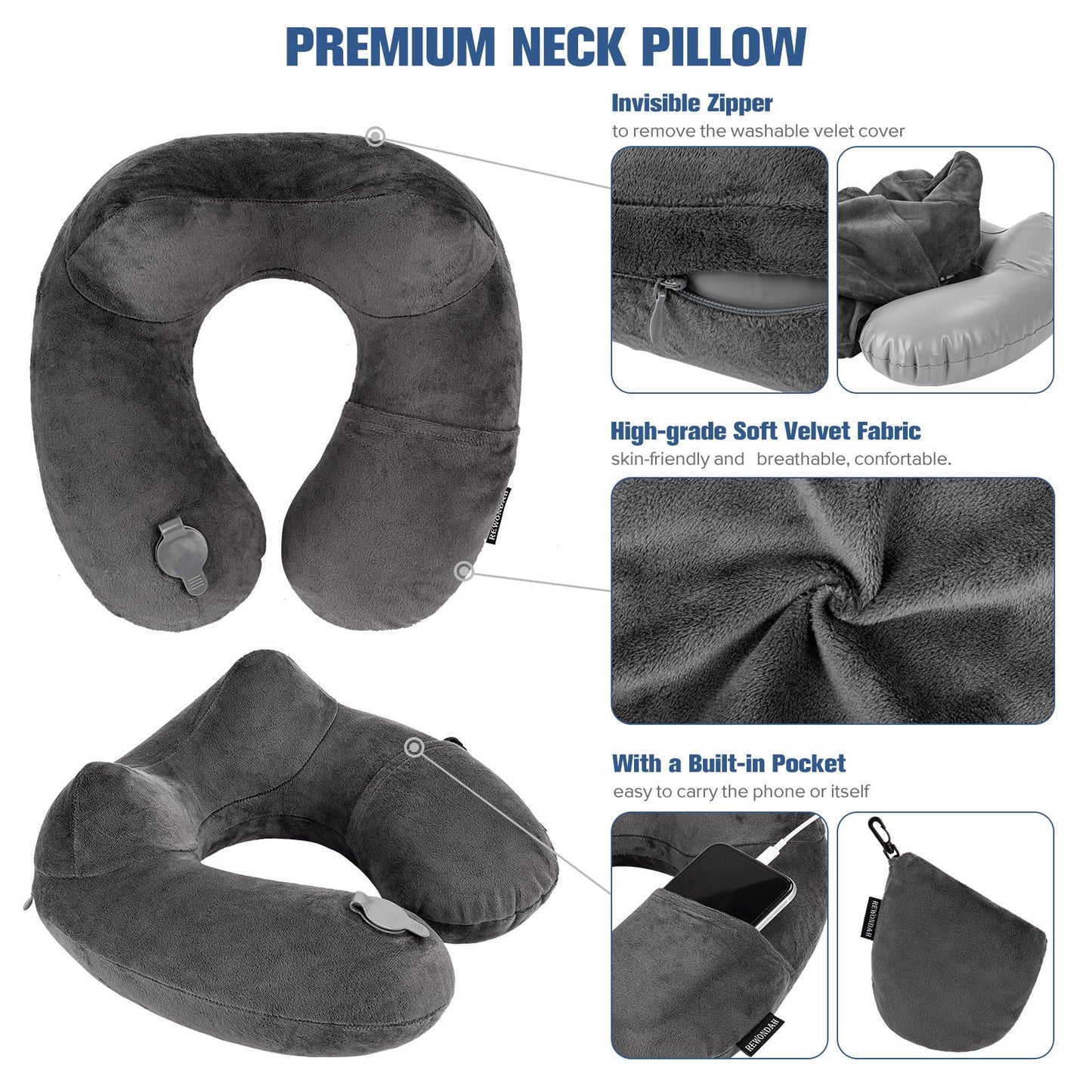 Rewondah Inflatable Travel Pillow for Sleeping Airplane - Inflatable Neck Pillow for Traveling on Plane with Washable Cover, Blow up Neck Travel Pillow for Airplanes, Cars - Portable and Comfortable
