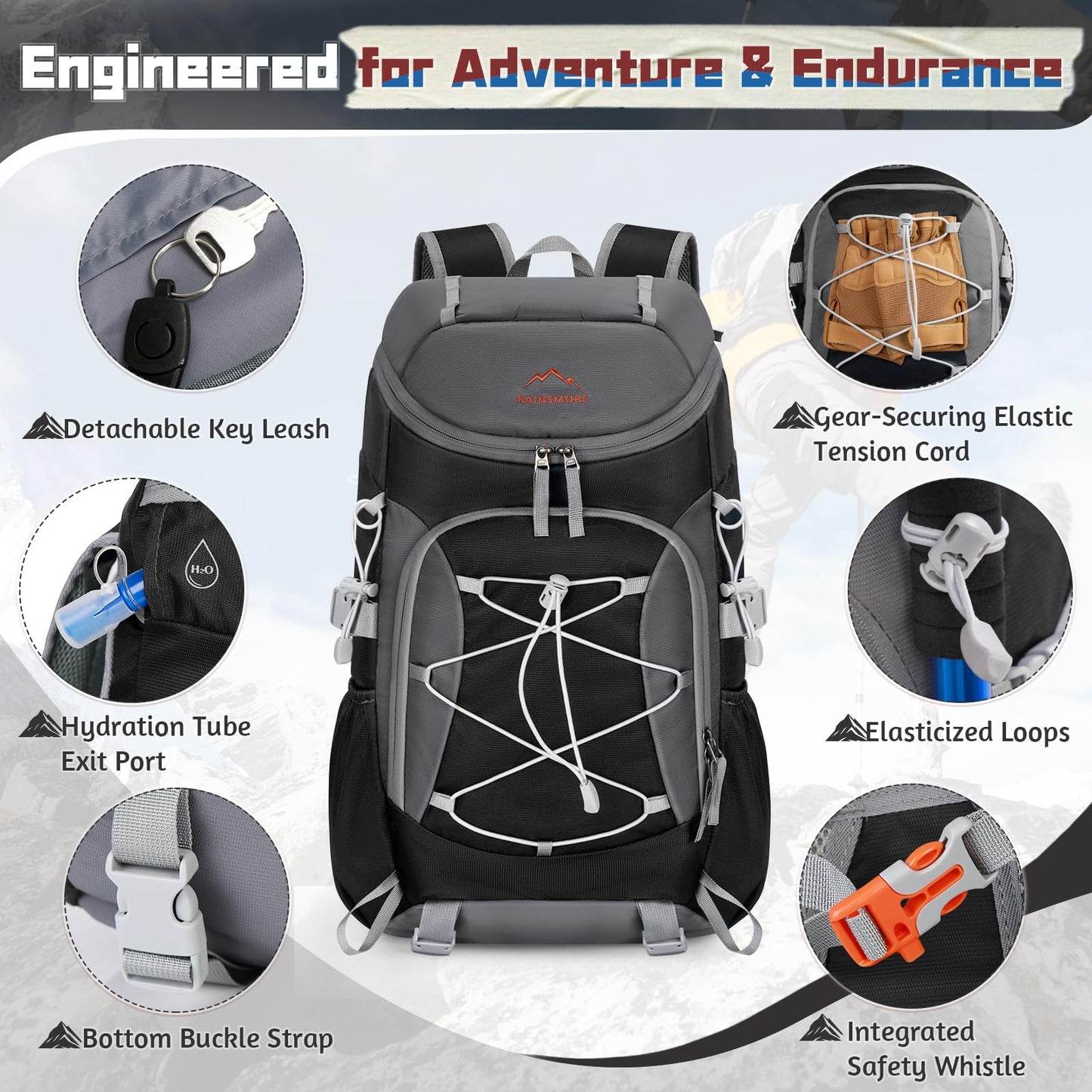 RAINSMORE Foldable Hiking Backpack for Women Men Packable Camping Backpack 40L Waterproof Hiking Daypack Bag Lightweight Collapsible Daypack for Travel Trekking Mountaineering Large Capacity Black