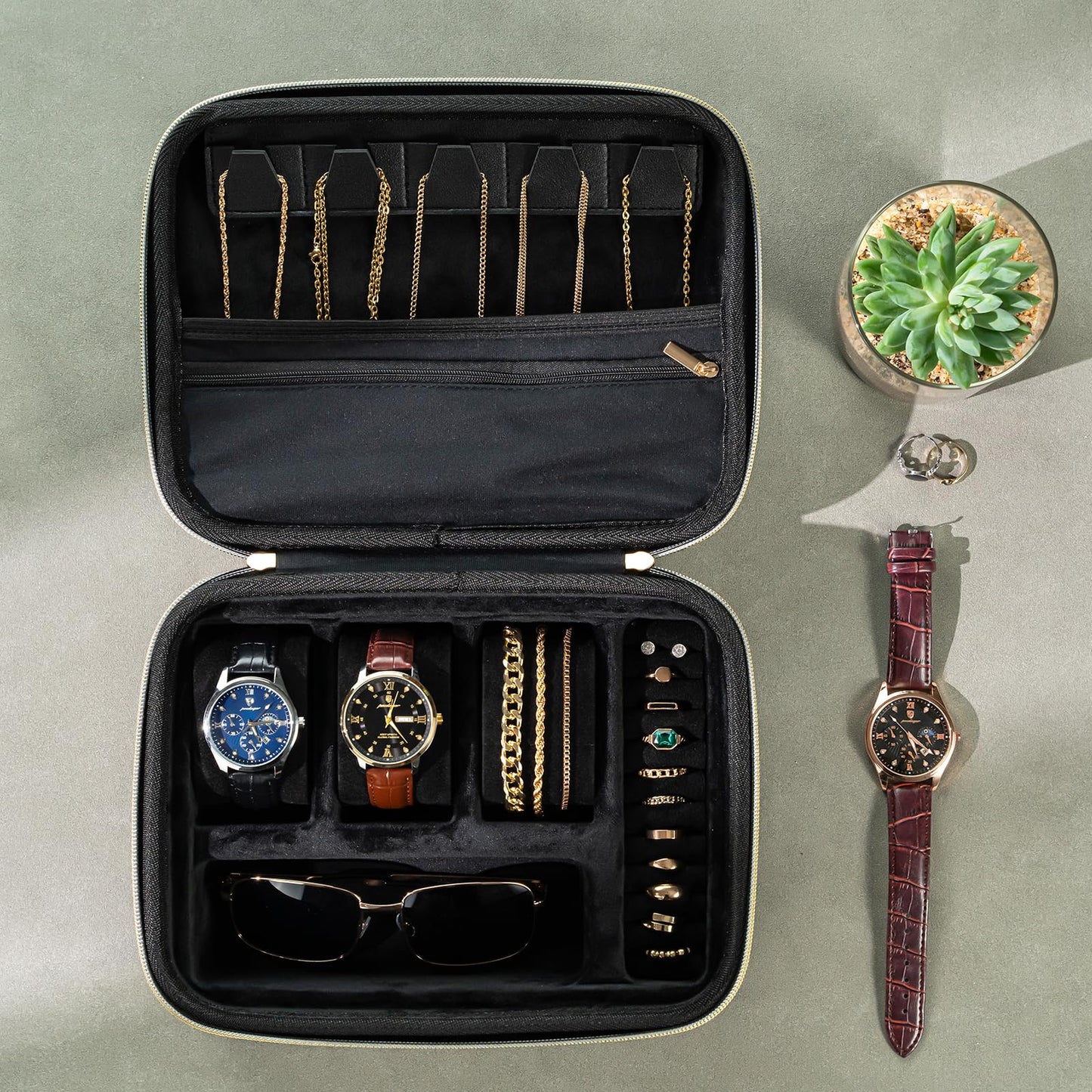 ProCase Mens Extra Large Jewelry Storage Case, 3 Slots Travel Watch Accessories Carrying Box, Glasses Necklaces Rings Bracelets Zippered Organizer Bag for Male -Black