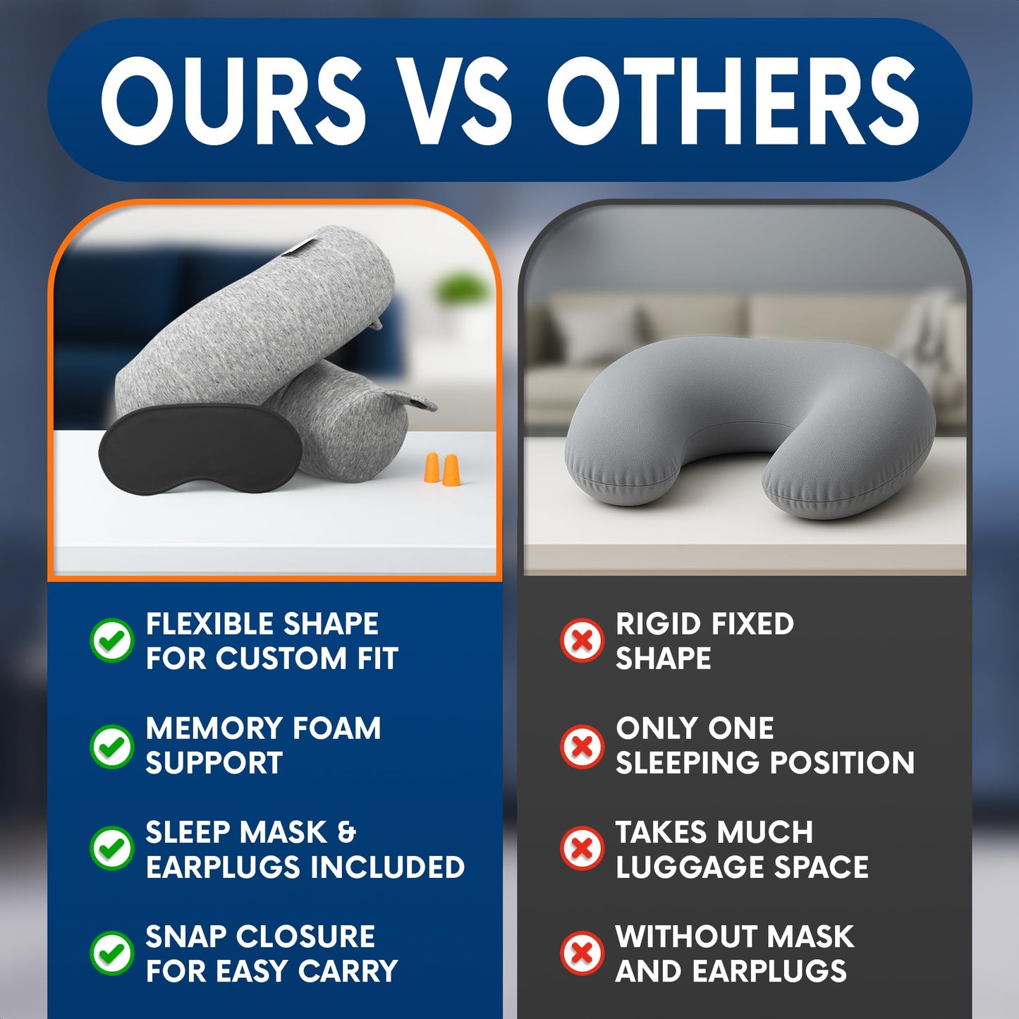 Twist Memory Foam Travel Pillow - Comfortable & Adjustable Neck Pillow for Traveling with Soft Washable Velvet Cover, Eye Mask & Earplugs - Long Flight Essentials | for 360° Neck Support, Chin, Lumbar