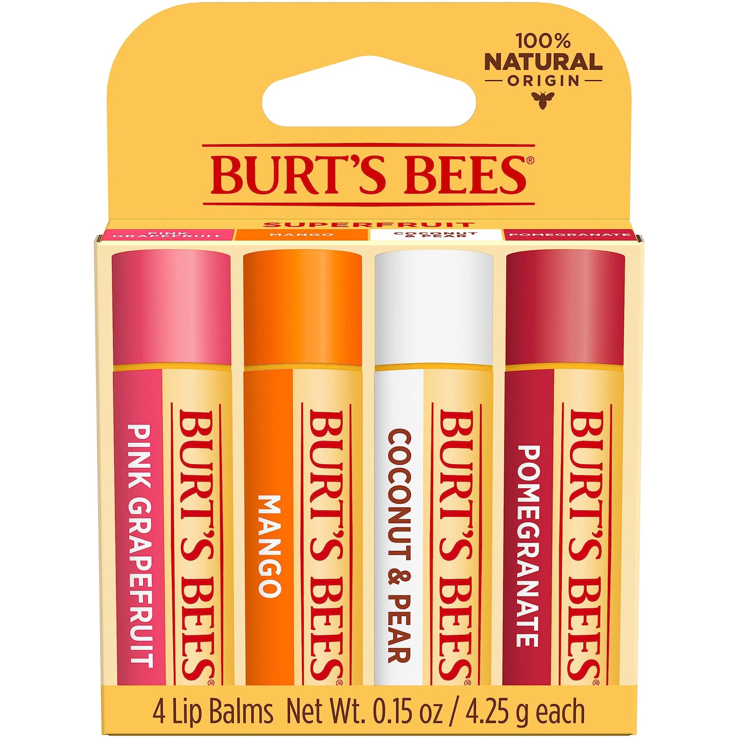 Burt's Bees Lip Balm - Pink Grapefruit, Mango, Coconut & Pear, and Pomegranate Pack, Lip Moisturizer With Beeswax, Tint-Free, Natural Origin Conditioning Treatment, 4 Tubes, 0.15 oz.