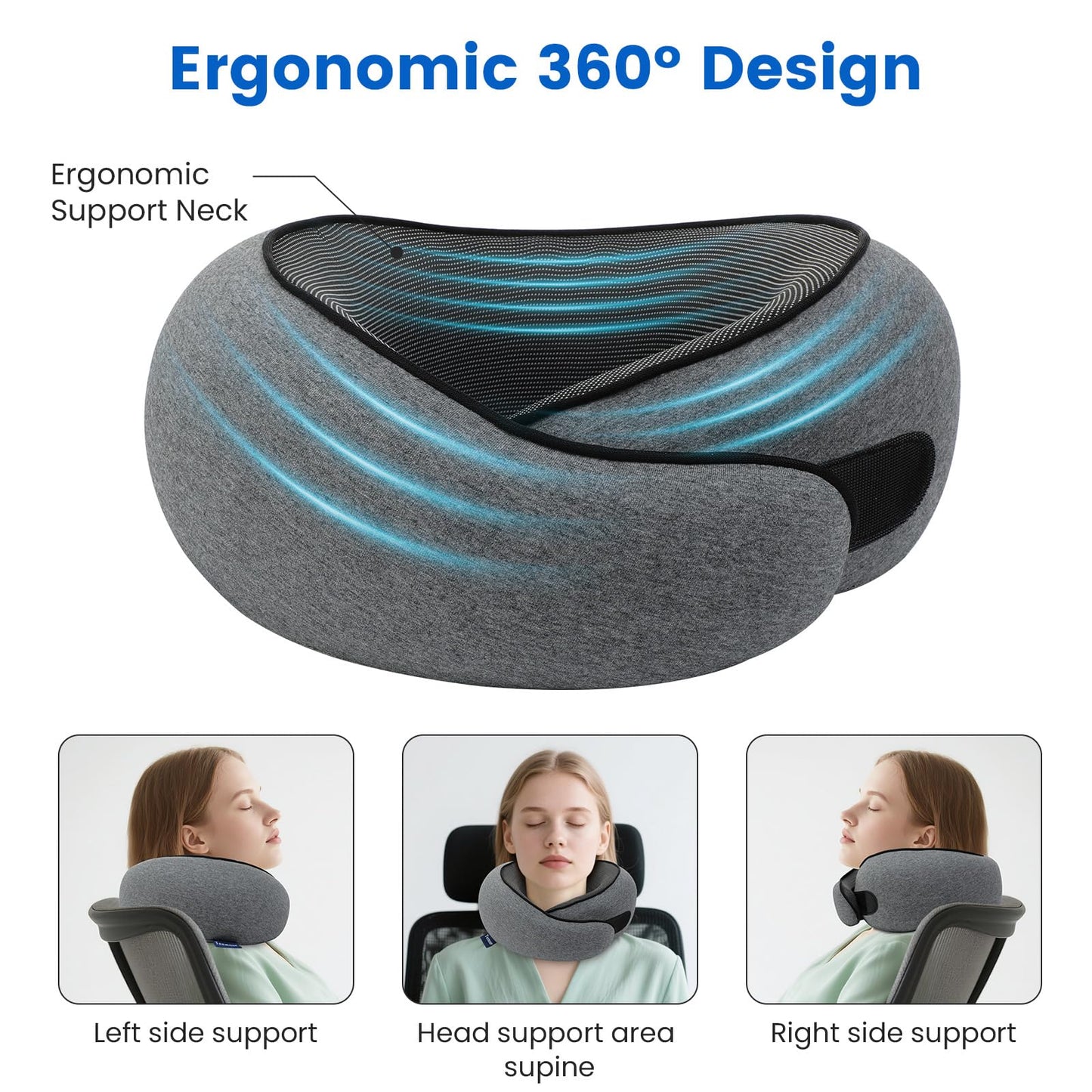 Neck Pillow for Airplane Travel Memory Foam Neck Travel Pillow with Eye Mask & Ear Plugs, Portable Carry Bag for The Comfort of Travel & Office, Travel Pillow for Plane, Car, Home, Work, Dark Grey