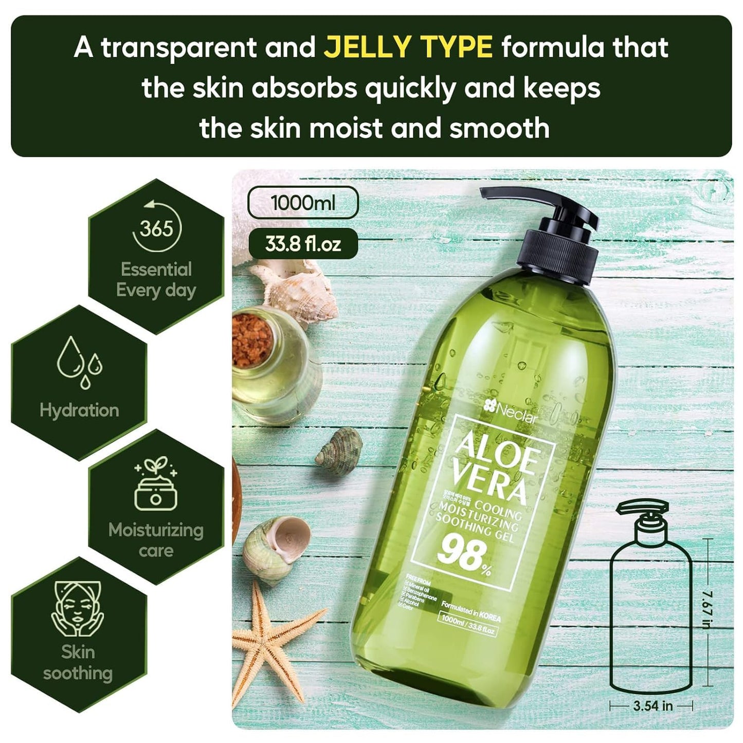 Neclar 98% Aloe Vera Gel for Sunburn Relief - 33.8oz / 1000ml - From 100% Pure Aloe Vera - For Face, Skin and Hair - After Sun Care lotion - Sun Burn Moisturizer Cream (33.8 Fl oz)