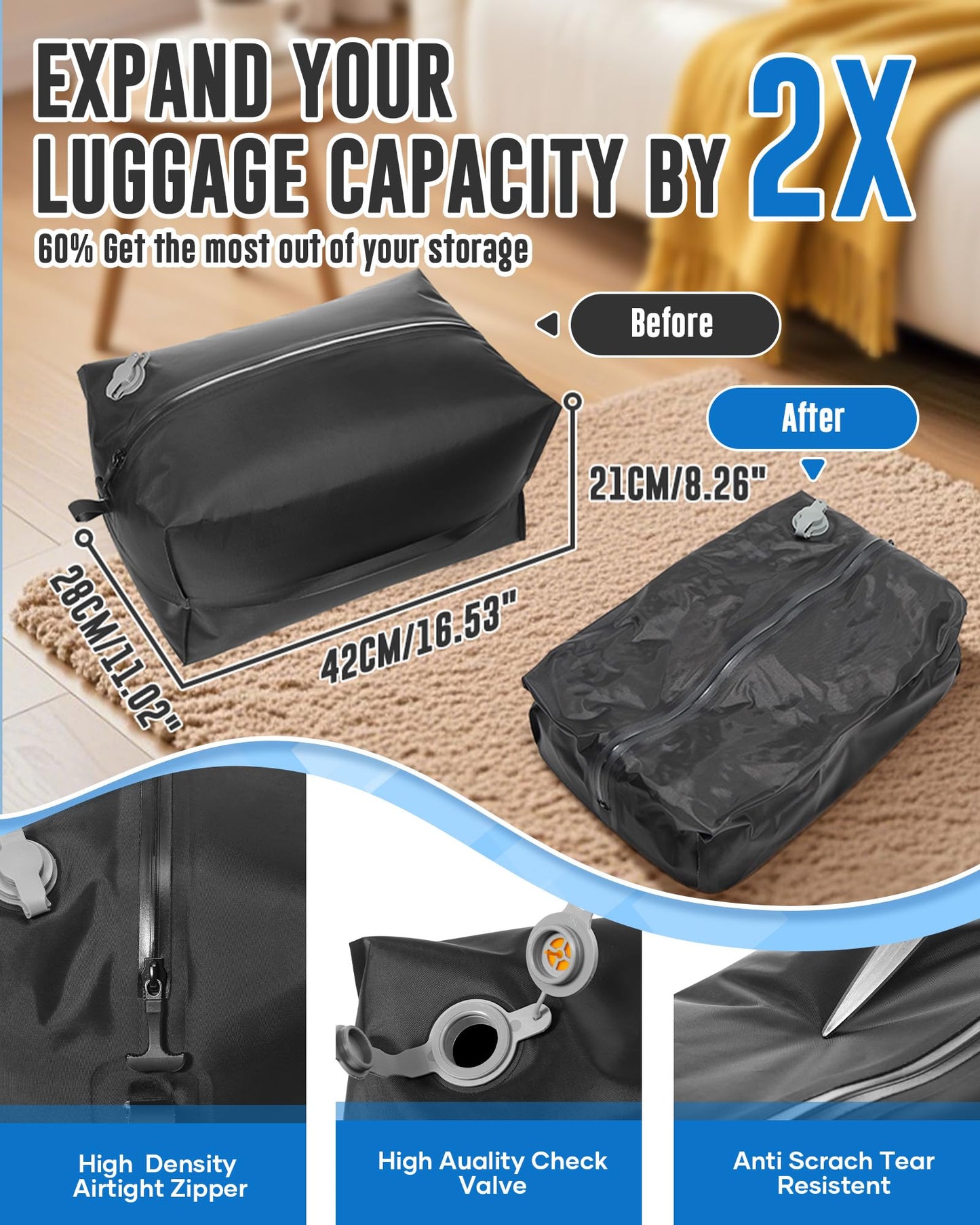 Vacuum Seal Backpack for Clothing Travel Large Waterproof Space Saver Vacuum Storage Compression Bags Personal Item Travel Essentials Backpacks Carry on Approved for Suitcase (1pc+ no pump)
