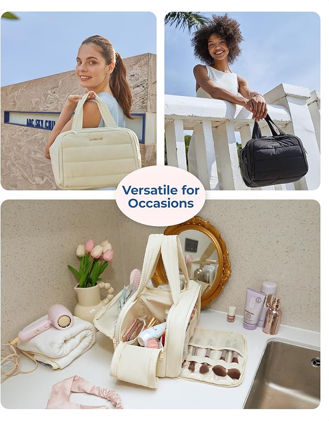 BAGSMART Travel Toiletry Bag, Lightweight Large Wide-open Travel Bag for Women, Puffy Cosmetic Makeup Bag Organizer with Handle for Accessories,Essentials, Toiletries, Purple