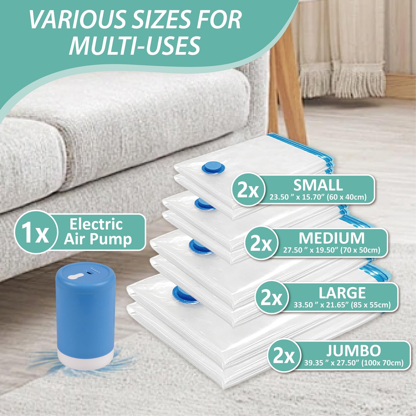 Cozy Essential Travel Vacuum Clothes Bags with Portable Electric Pump for Luggage, Suitcase, Vacuum Seal Compression Space Saver Bags for Clothing, 8 Pack