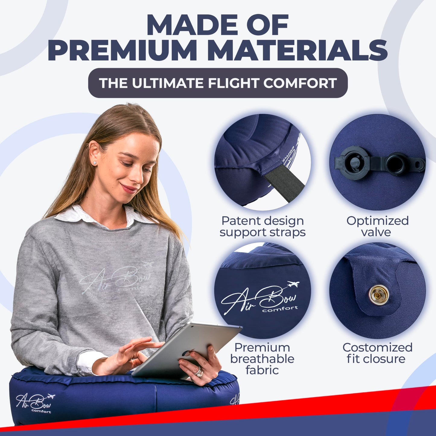 Air Bow Comfortable Travel Pillow - Airplane Pillow for Head, Neck, & Chin Rest, Inflatable & Soft Neck Pillow - Durable Material with Hygienic & Washable Cover, Easy to Inflate & Deflate (Blue)