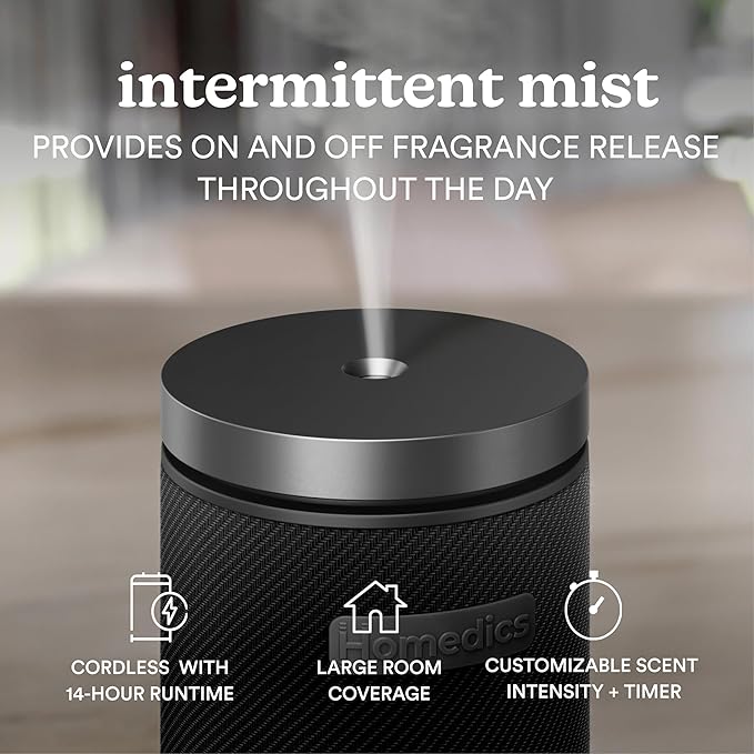 Homedics SereneScent Fabric Rechargeable Waterless Diffuser, Use with Homedics SereneScent Oil 120ml (Sold Separately) Cordless Aromatherapy, Adjustable Mist & Timer, 6 Calming Lights, Black