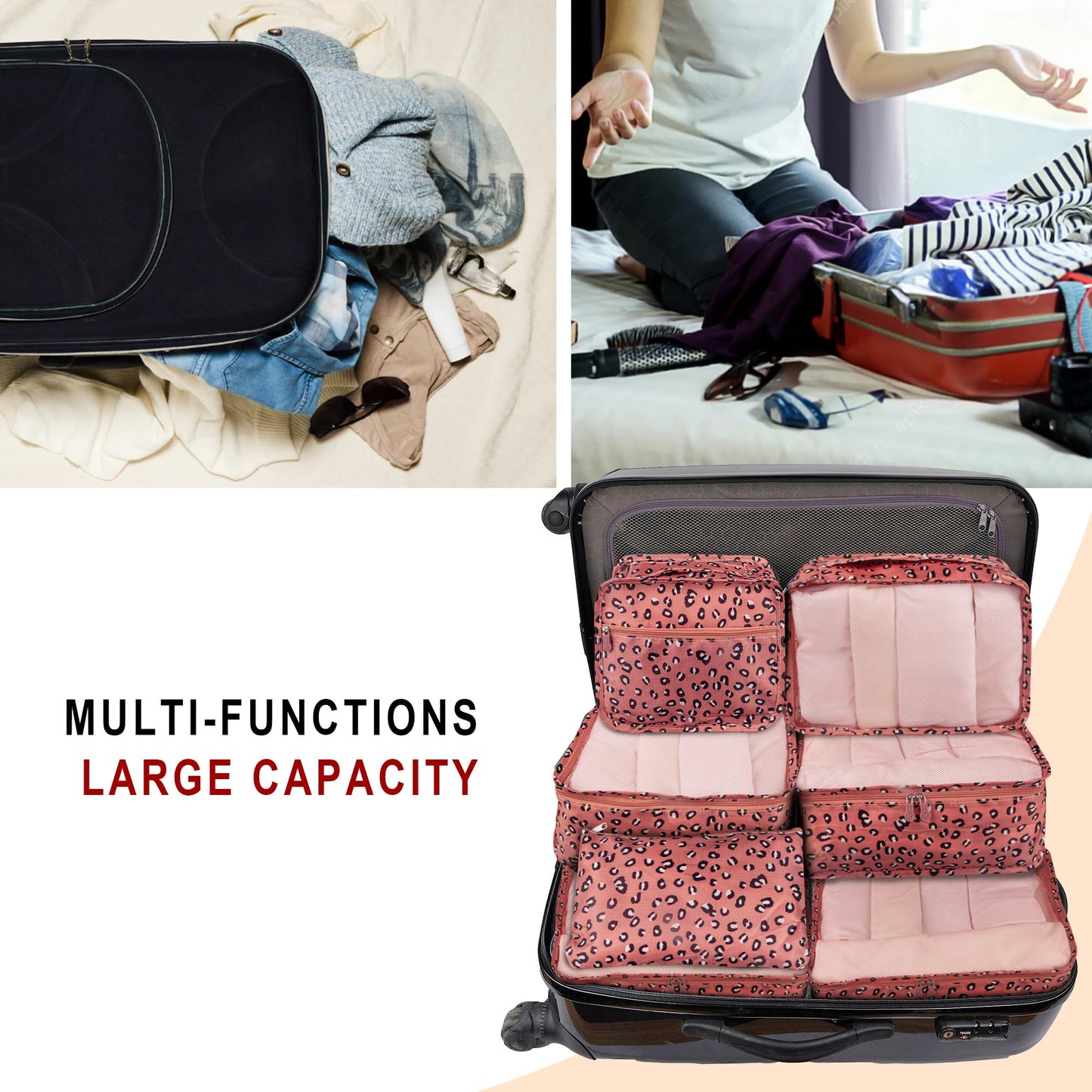 Vercord 7 Set Travel Packing Organizers Cubes Luggage Suitcase Organizer Bags Clothes Underwear Cube Shoe Pouch Pack Pink Leopard