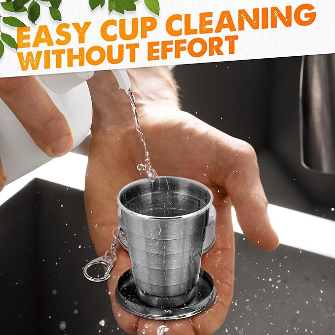 Collapsible Travel Cup with Lid 2.5Oz (75ml) - Leak-Proof Сollapsible Shot Glass Keychain, Highly Portable, Made of Rust & Bend Resistant Stainless Steel - Foldable Cup for Traveling, Fishing, Camping