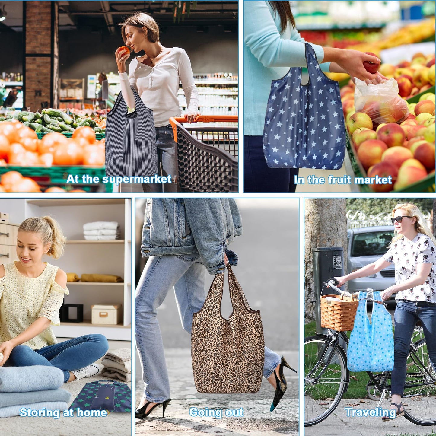 DXMWWTP 6 Pcs Foldable Reusable Shopping Bags,Tote Bags, Grocery Bags with Hook, Eco-friendly Travel Recycle Shopping Bags in Pocket, Waterproof and Machine Washable for Daily Shopping Supplies