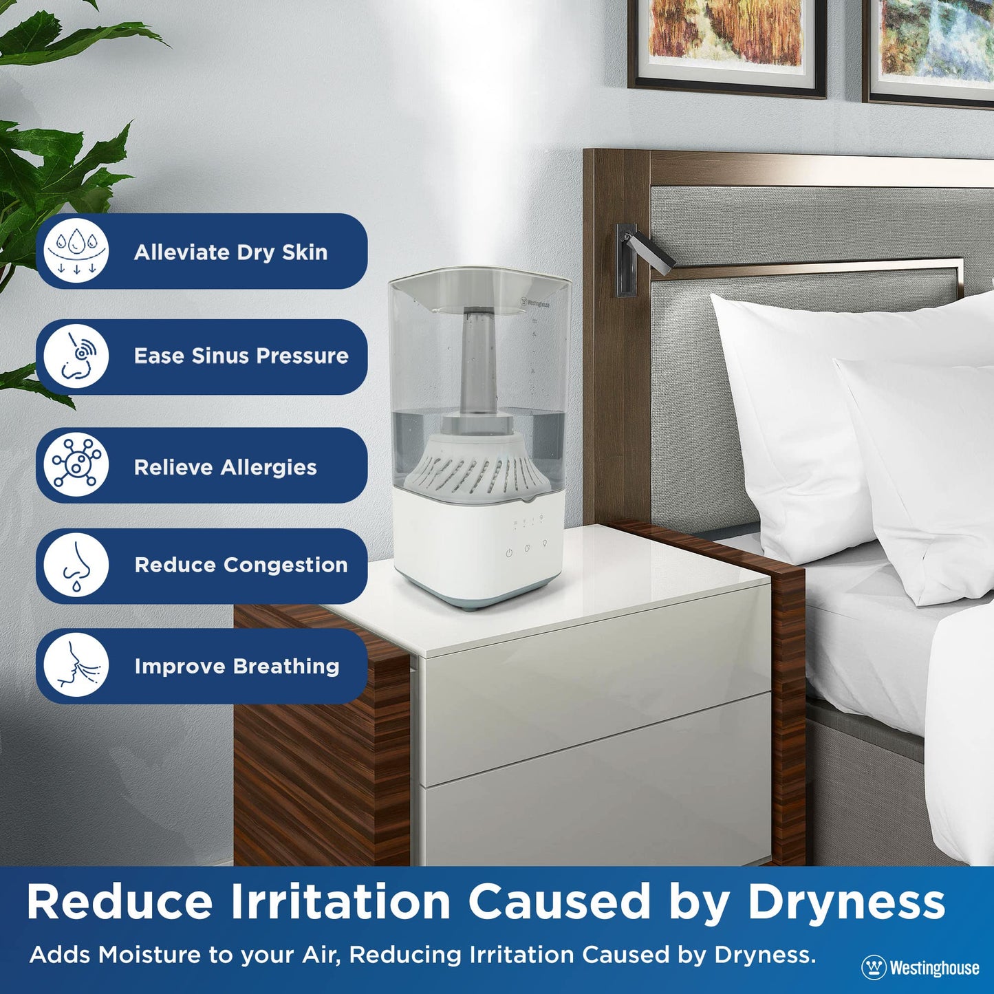 Westinghouse Ultrasonic Cool Mist Adjustable Humidifier, 4.5L Top Fill with LED Night Light and Touch Button Control