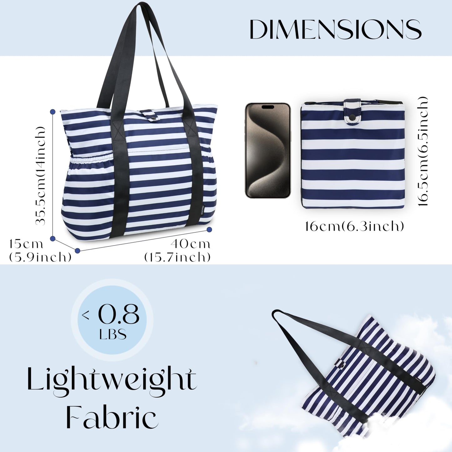 Buringer HOMESPON Large Foldable Beach Tote Bag for Women with Zipper Waterproof Handbag for Travel Shopping Gym Vacation (Blue Stripe)