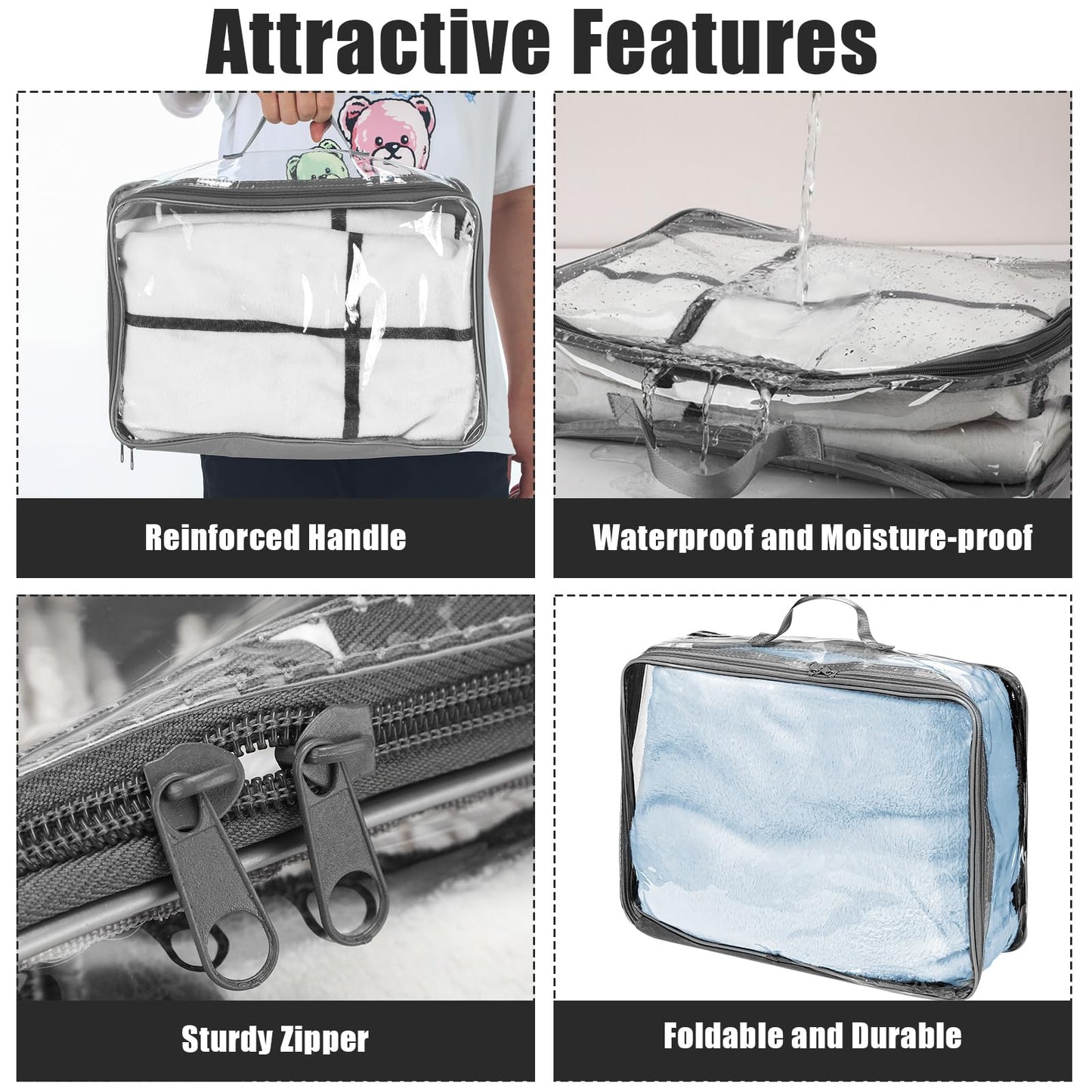 Hillban 6 Pcs Gray Large Clear Travel Packing Cube 3 Sizes See-through PVC Organizer for Suitcase Multipurpose Pouch with Handle Vinyl Zippered Storage Bags Luggage Cube Organizer