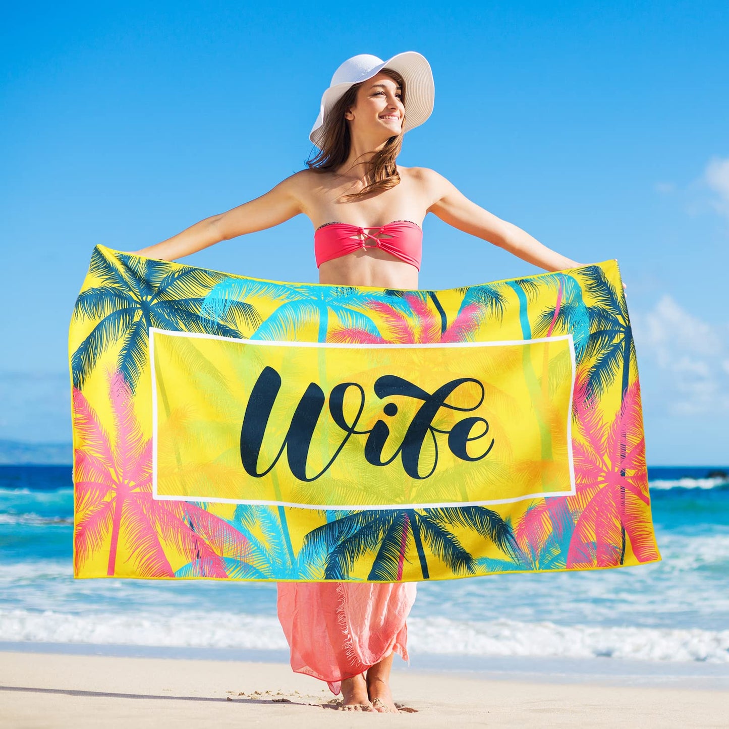 Redbaker 2 Pcs Mr and Mrs Beach Towels Wedding Beach Towels for Bride and Groom 60 x 30 Hubby and Wife Summer Towels Honeymoon Newlywed Couple Towels Wedding Gift, 2 Styles(Pink Yellow Blue)