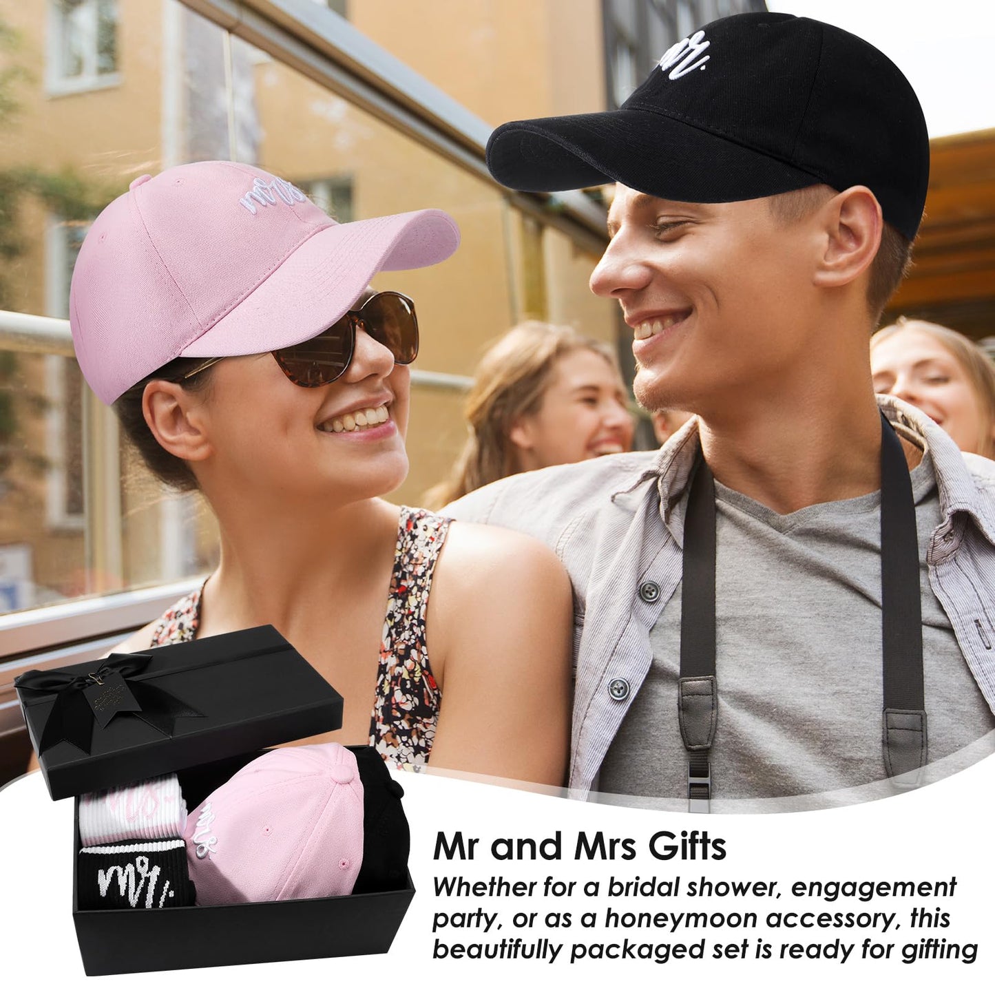 Eurzom 5 Pcs Mr and Mrs Gifts Embroidered Baseball Caps Mr and Mrs Crew Socks Bride and Broom Gift Box Set for Couples Newlywed Honeymoon Bridal Shower Engagement Wedding Favors