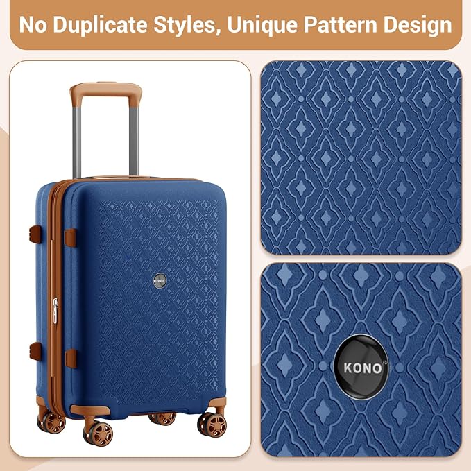 Kono 20 Inch Expandable Hard-Shell Suitcase, Ideal For Short Trips, Durable PP Material, With Hidden Cup Holder & TSA Lock, Navy/Brown