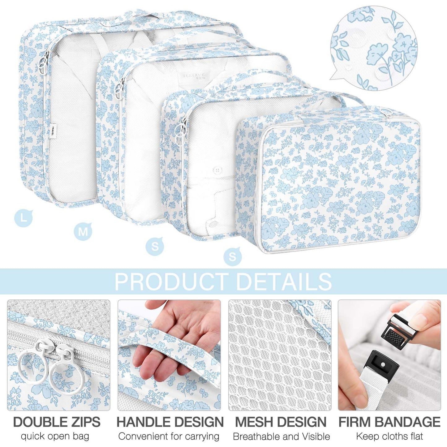 8 Set Packing Cubes for Travel, Luggage Packing Organizers Accessories Large Toiletries Bag for Clothes Shoes Cosmetics (Blue Flower)