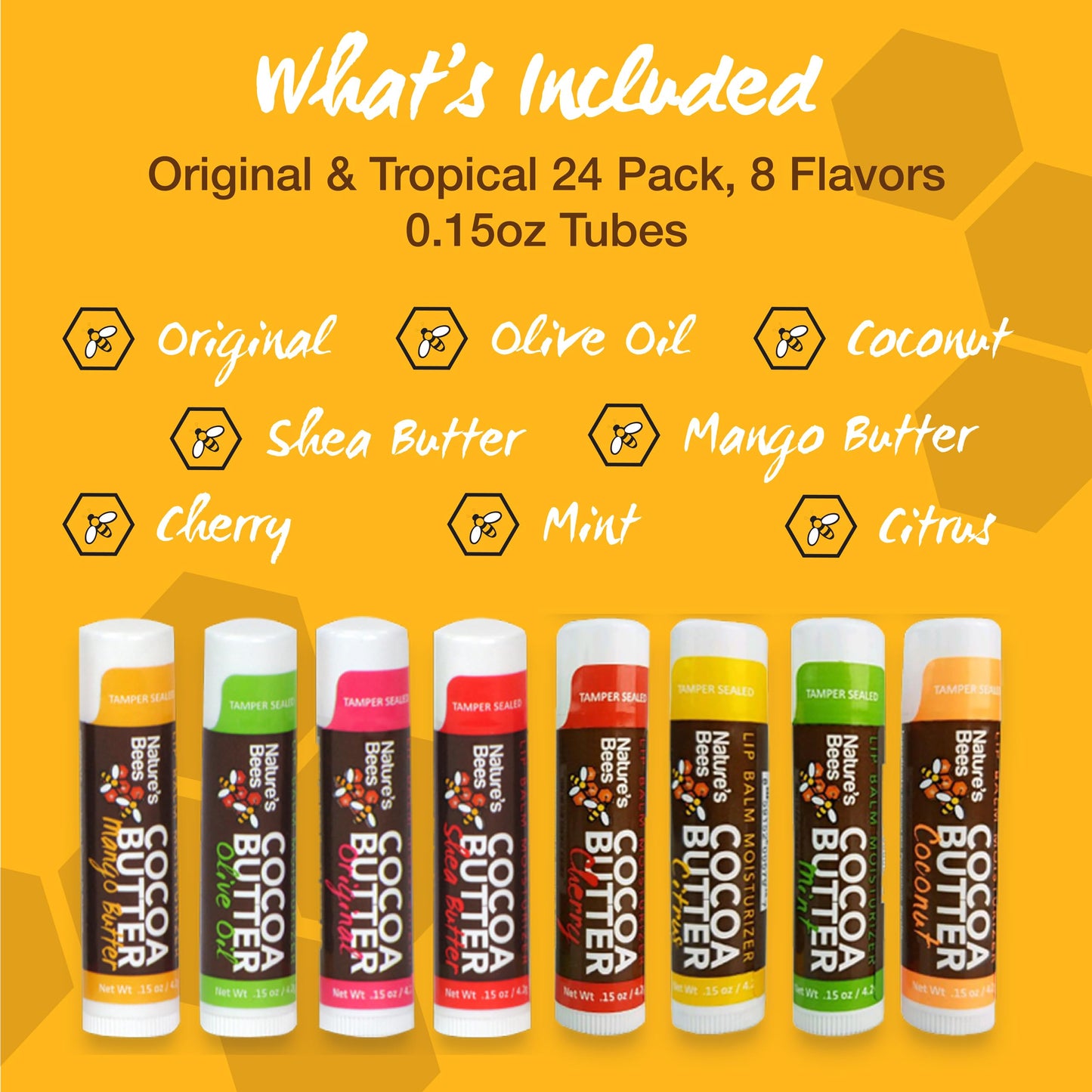 Nature's Bees Lip Balm, Bulk Lip Care Pack for Dry, Cracked Lips, Made in the USA with Natural Ingredients, 0.15 oz Each, 8 Flavors, 24 Pack