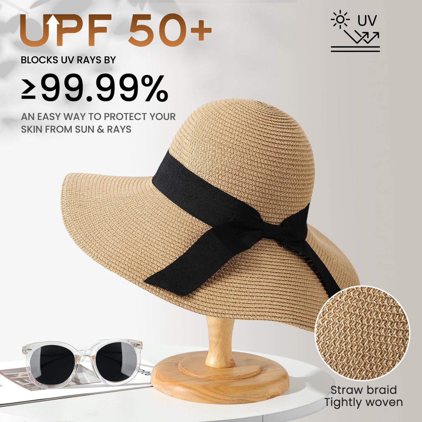 Sun Beach Hats for Women, Wide Brim Womens Straw Hat with Chin Strap, Foldable Beach Hats UV Protection